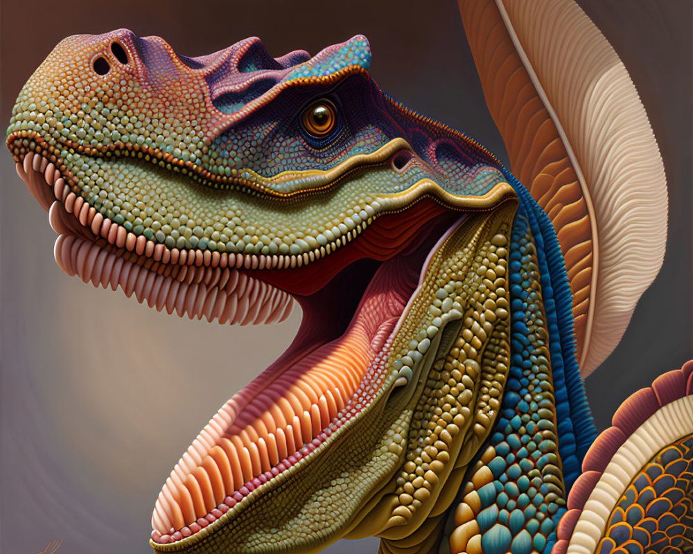 Detailed Dinosaur Illustration with Vibrant Scales and Feathers