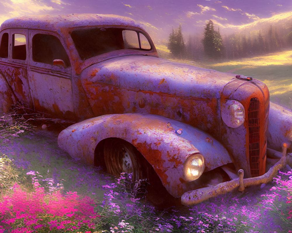 Rusty car with headlights in foggy forest clearing at sunrise or sunset