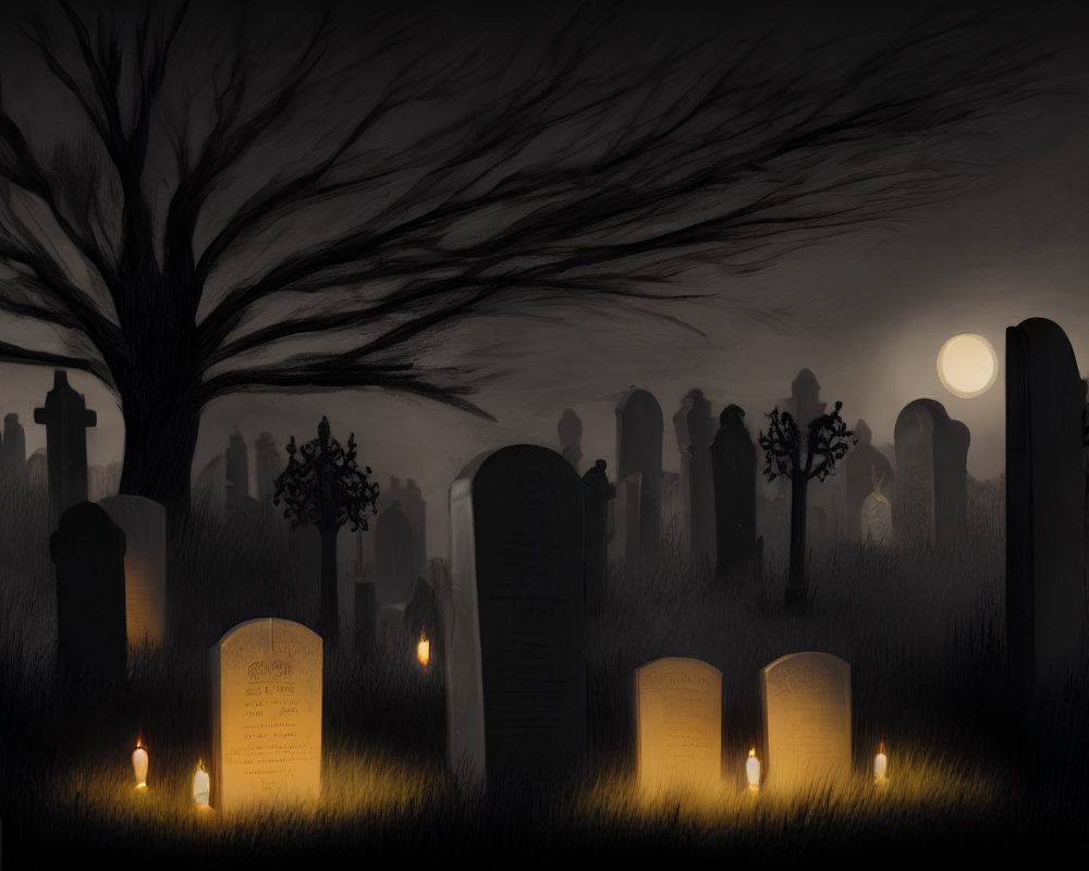 Eerie cemetery scene with tombstones, bare tree, and candles at night