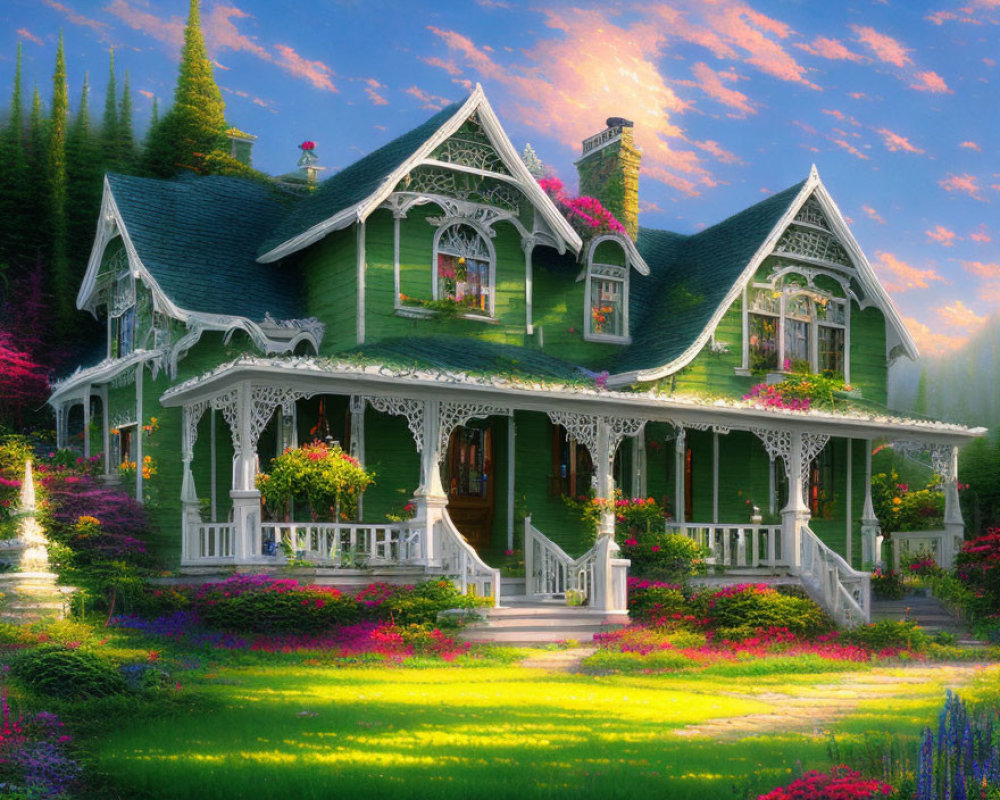 Victorian-style House with Ornate Trim in Twilight Gardens