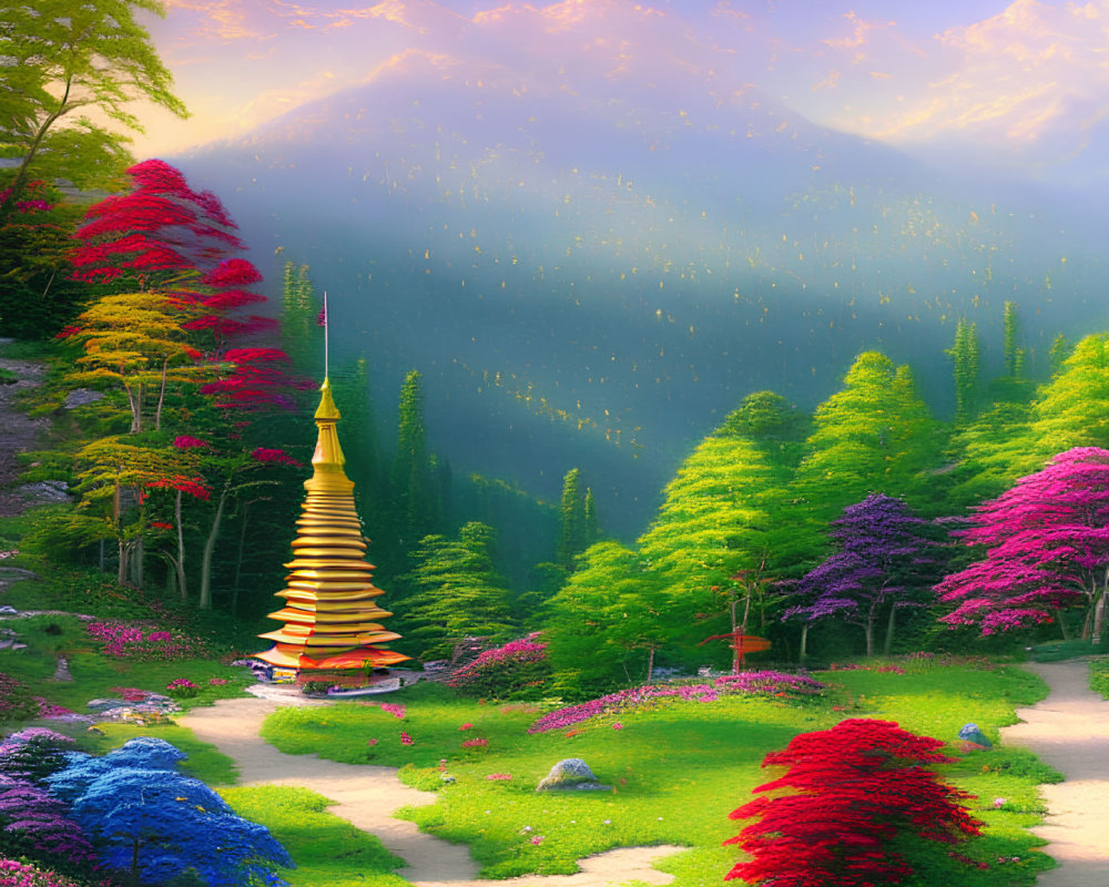 Digital artwork: Enchanting forest with pagoda, colorful trees, flowers, winding path