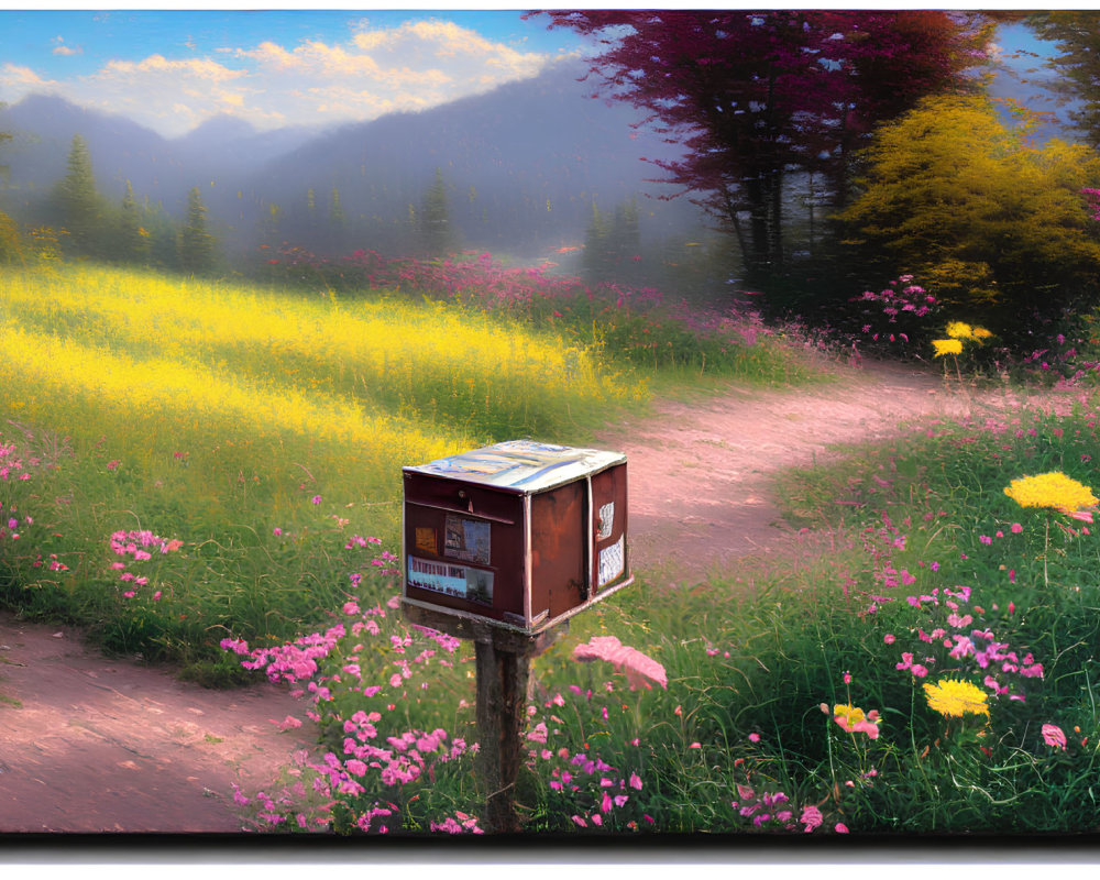 Rustic mailbox in vibrant wildflower field with sunlit mountains