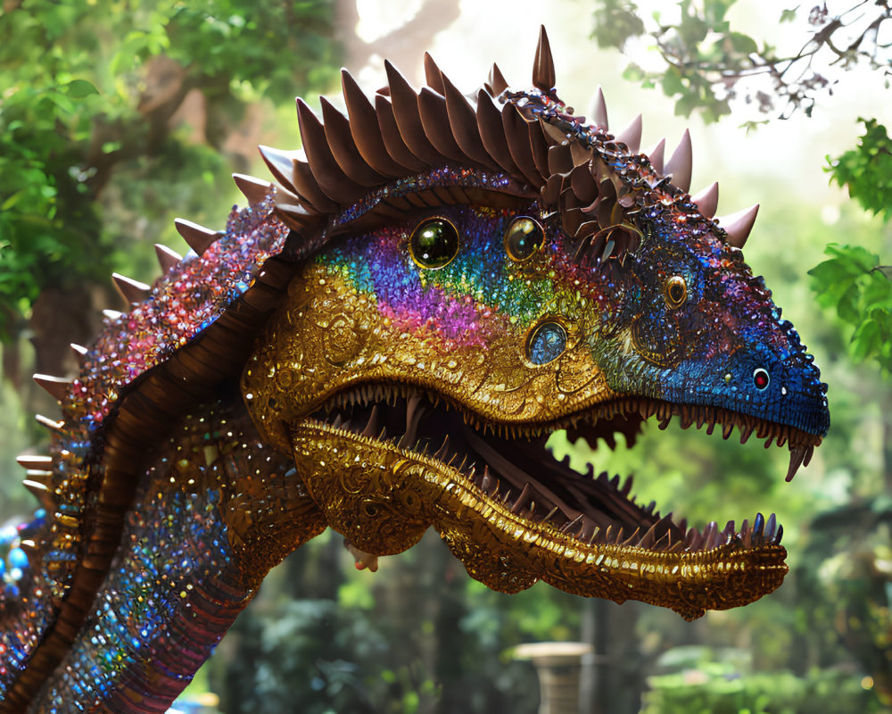 Colorful Dragon Creature with Glittering Scales in Forest Setting