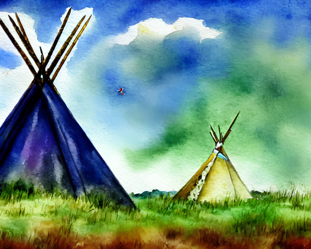 Traditional teepees in watercolor against vibrant sky and greenery