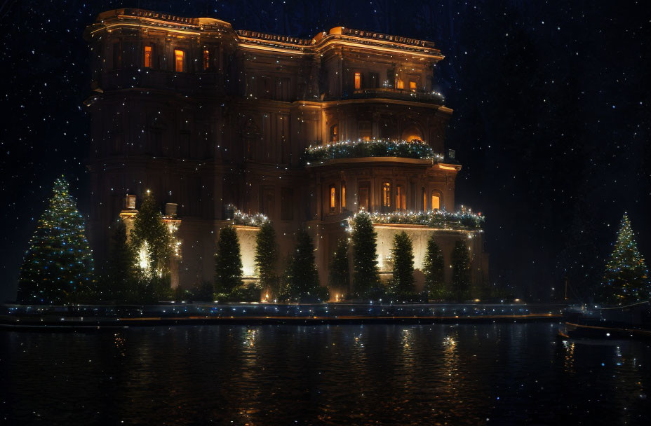 Grand building with festive lights, snowfall, Christmas trees, and serene water scene