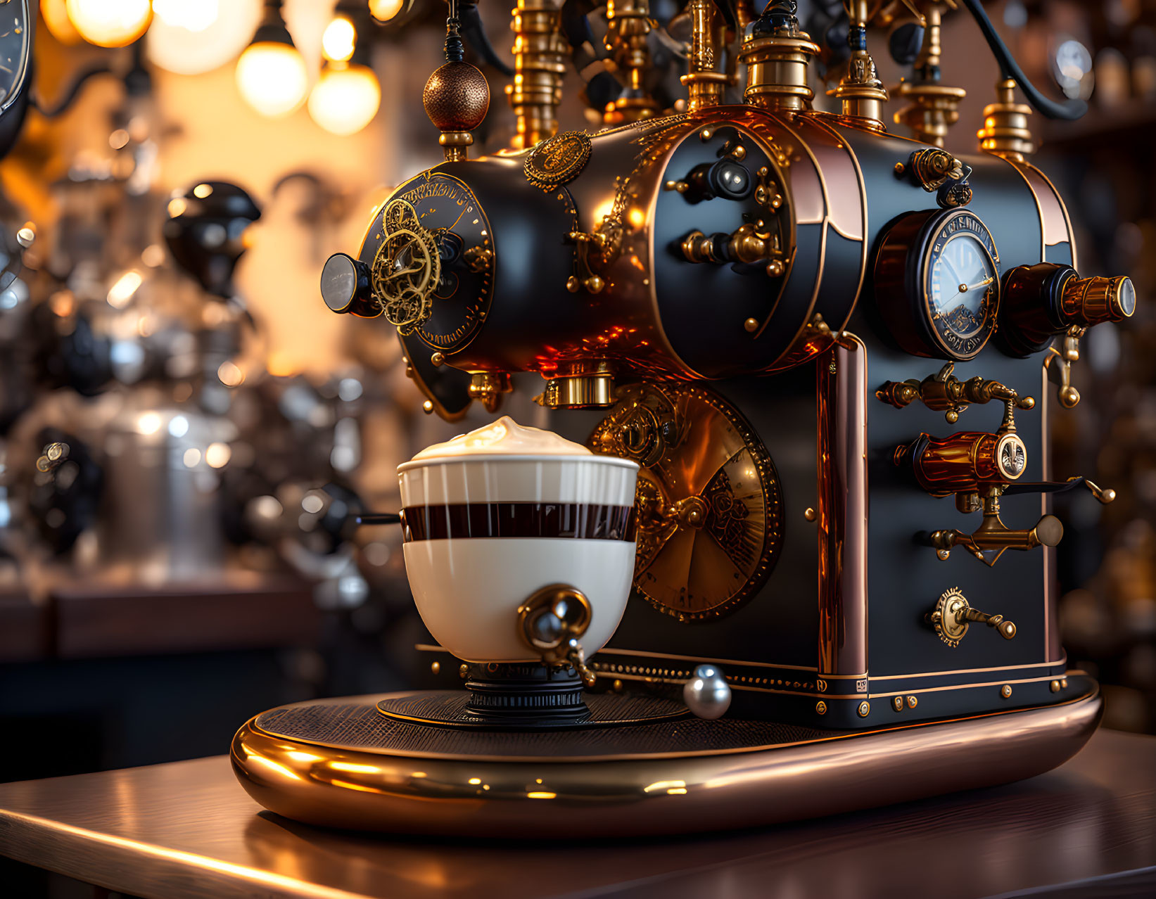 Steampunk-style 3D rendered espresso machine with intricate gears and pipes dispensing coffee into a