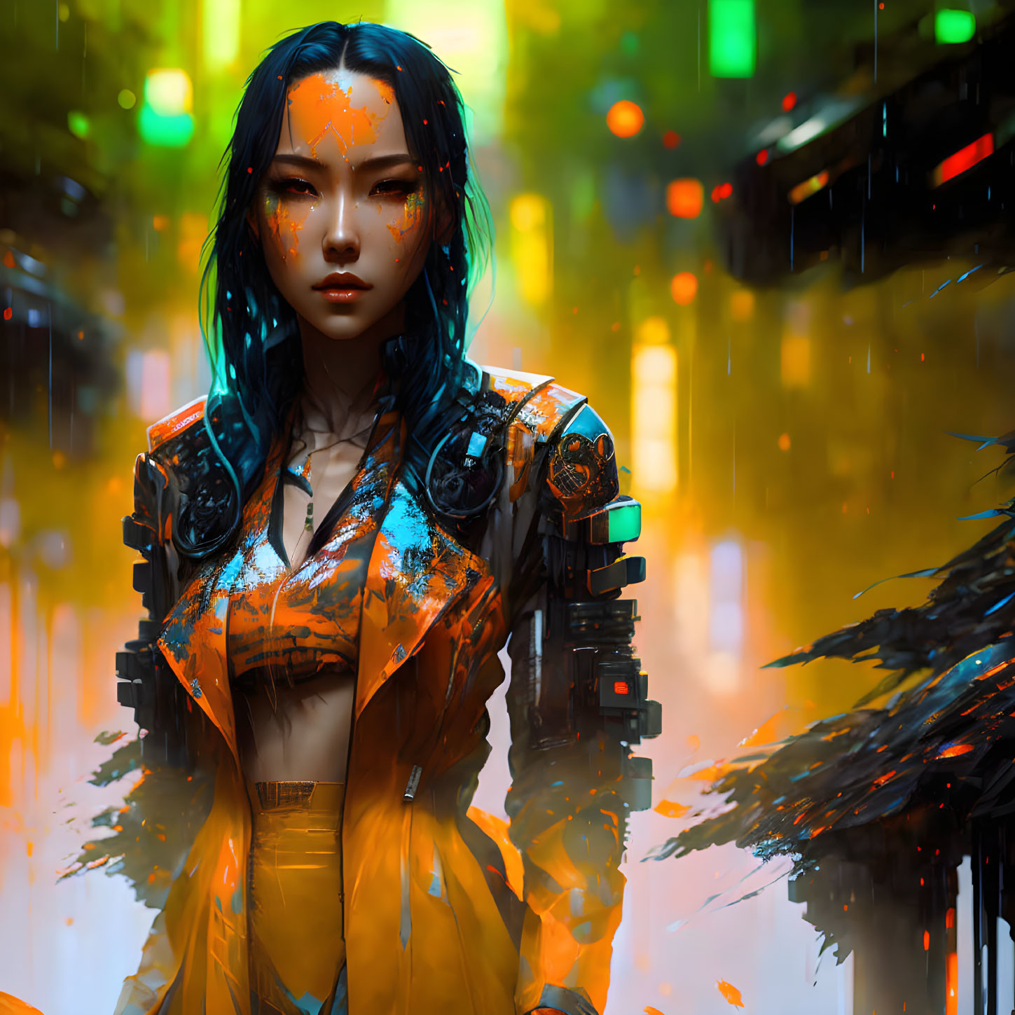 Digital artwork of female with intense gaze in neon-lit rainy urban scene wearing futuristic orange jacket.