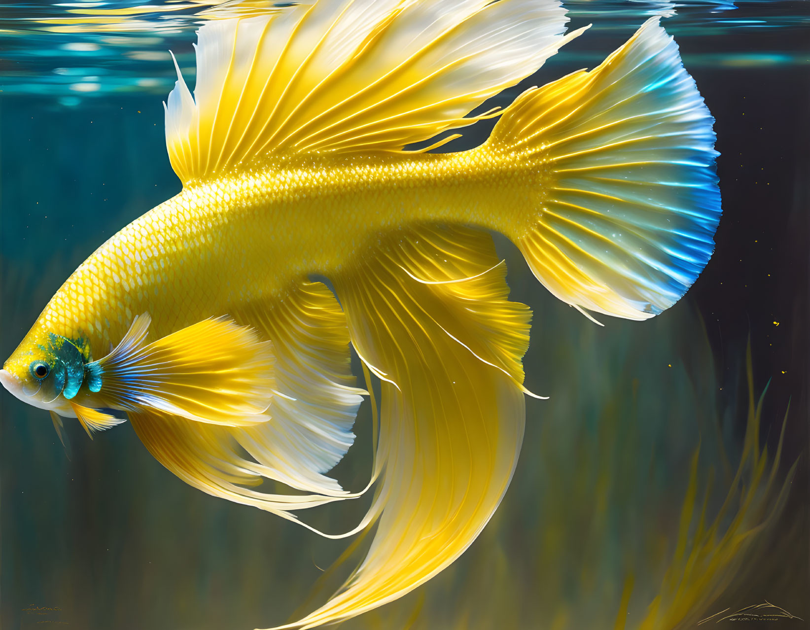 Yellow Goldfish Swimming Gracefully in Clear Blue Water