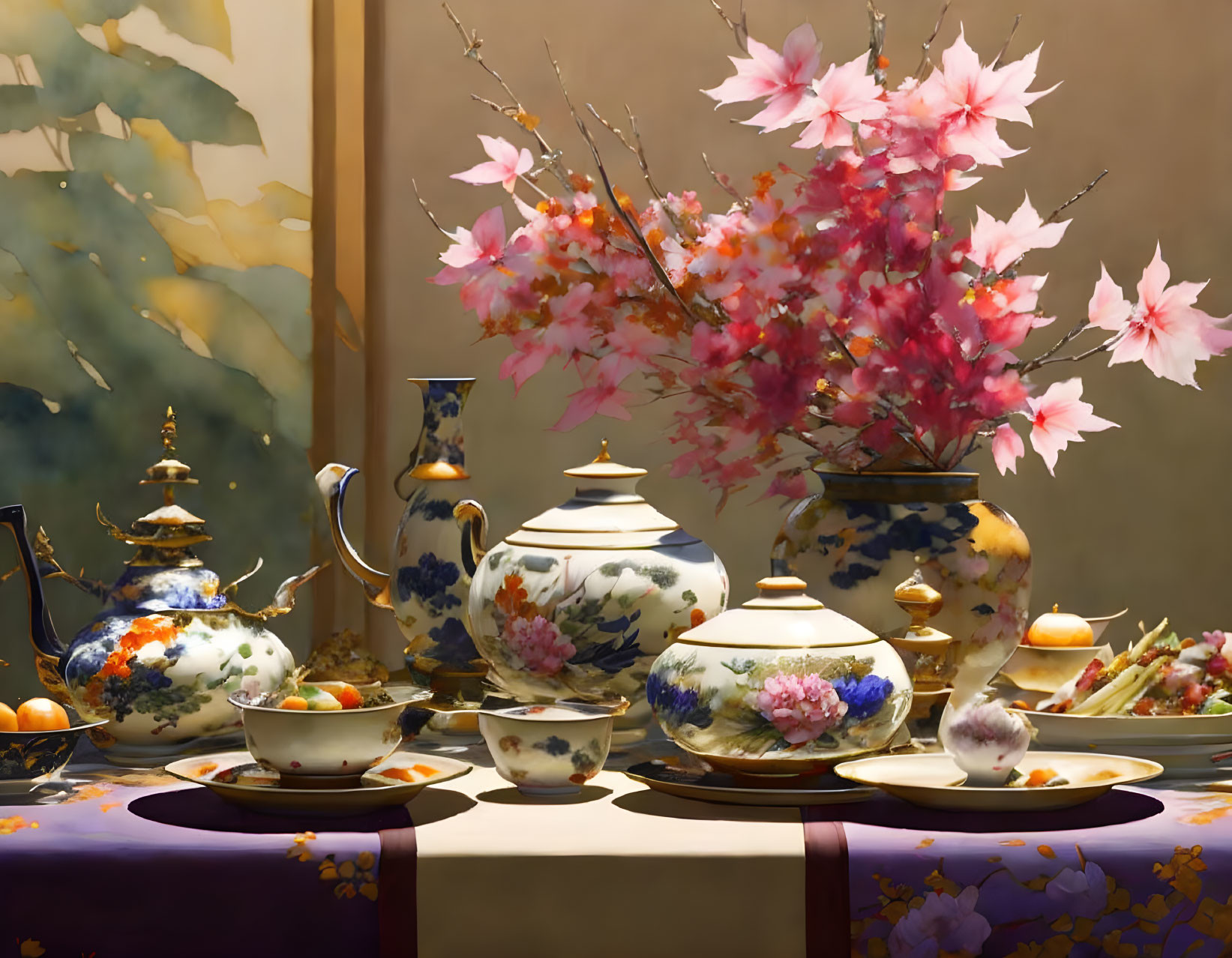 Traditional Tea Set Display with Blossom Branches and Snacks