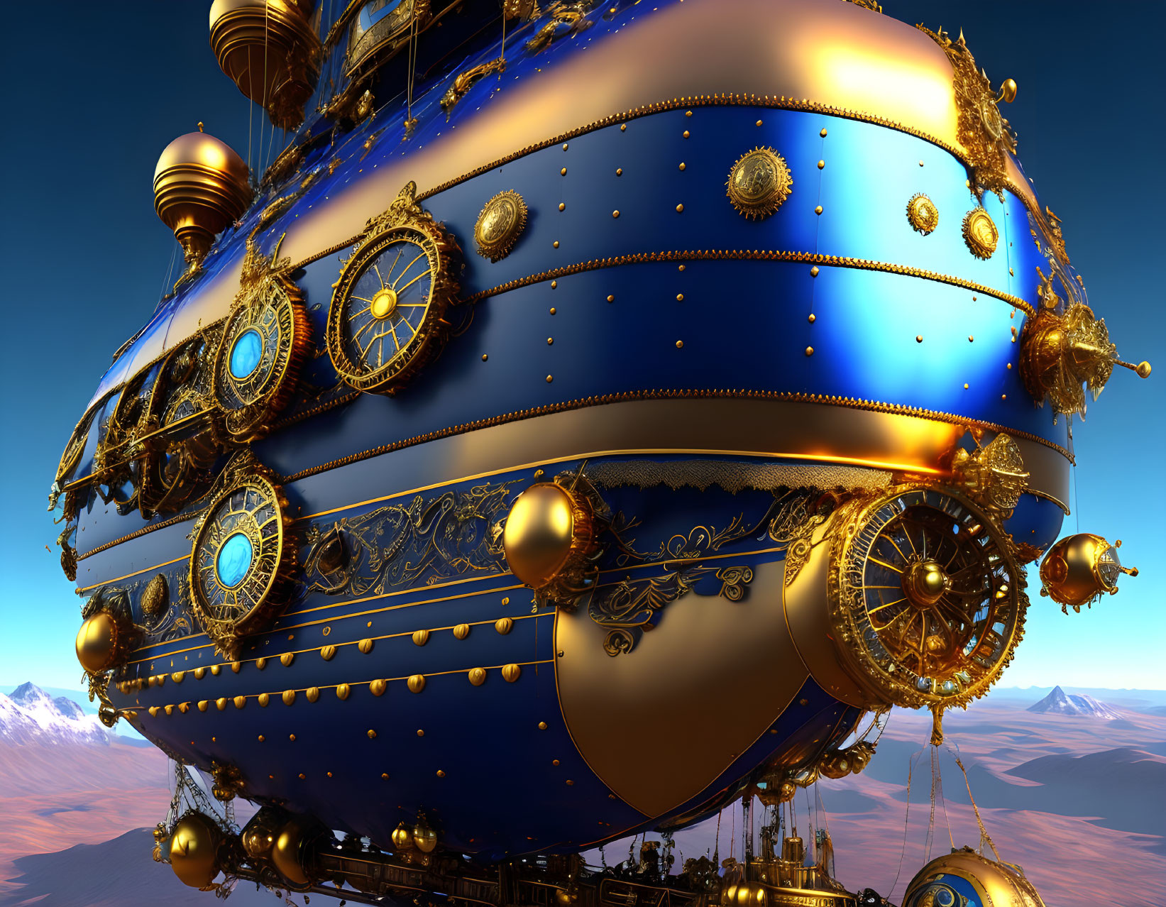 Ornate golden airship above desert landscape