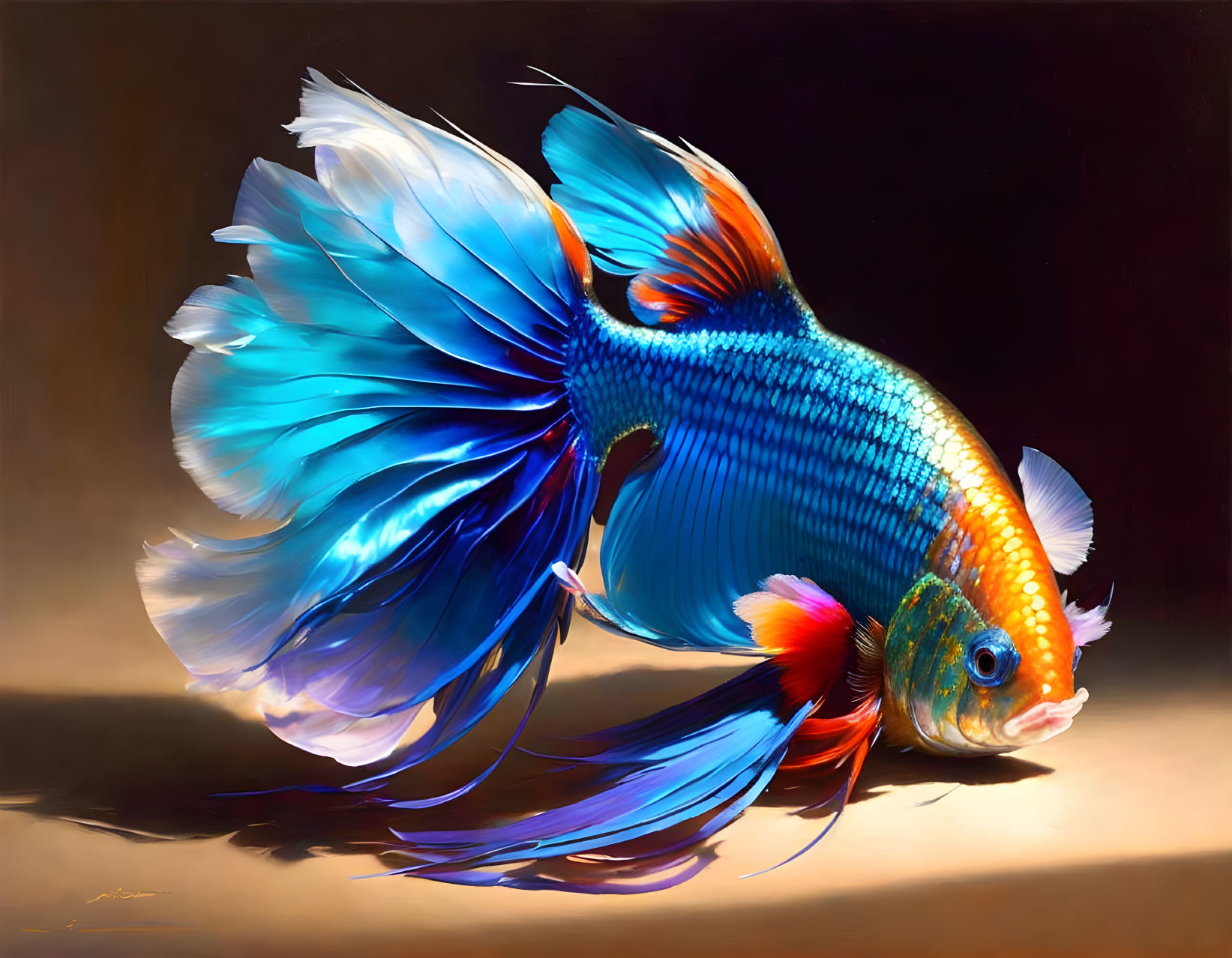 Colorful Betta Fish Painting with Blue and Orange Fins on Dark Background