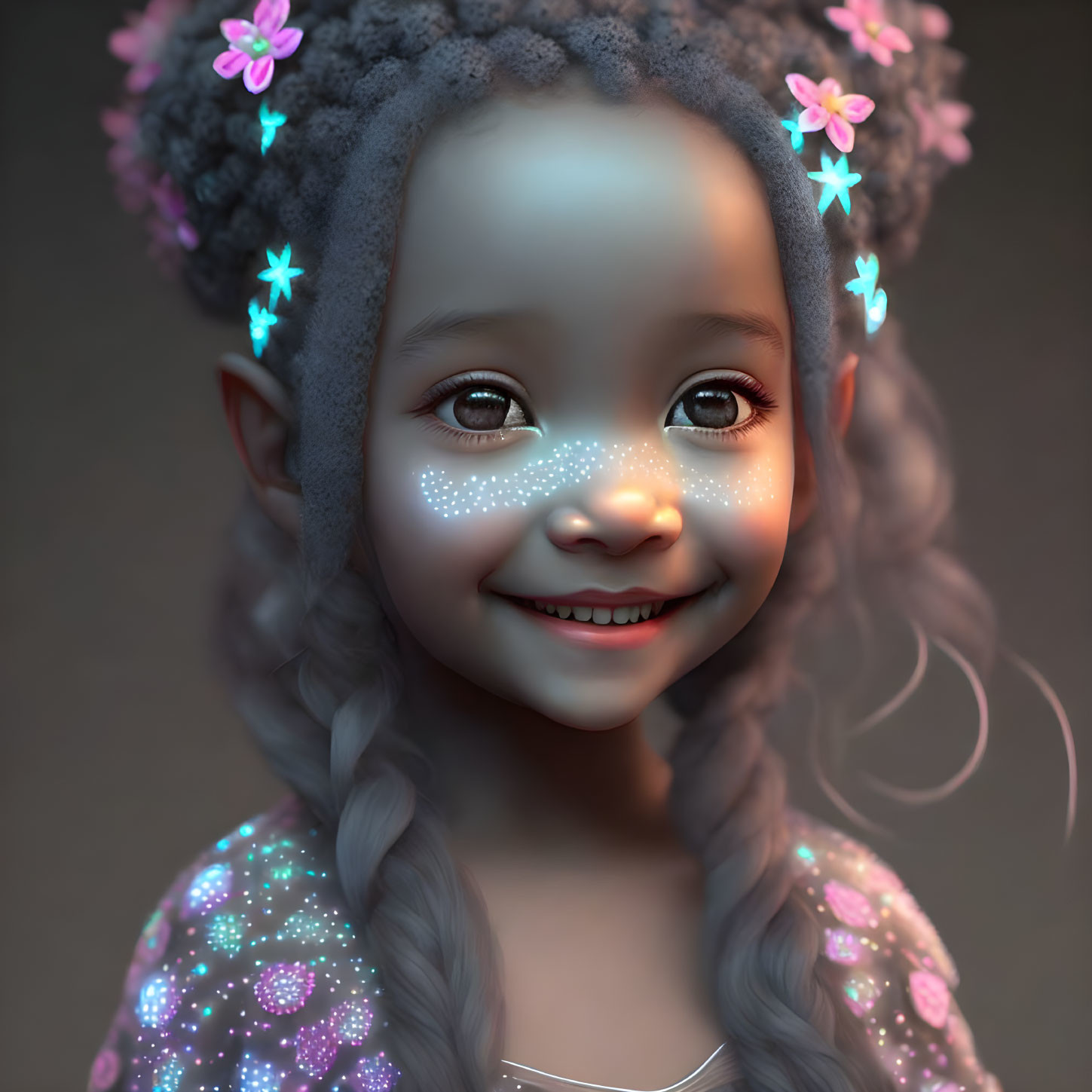 Smiling girl with sparkly face makeup and star-shaped hair accessories