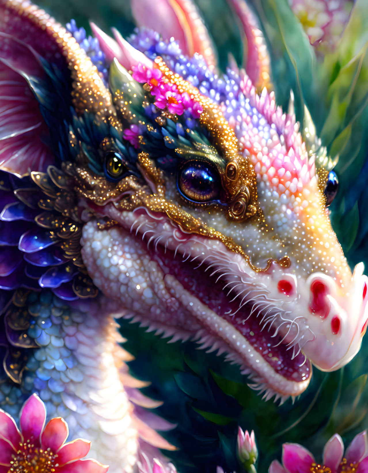 Colorful Dragon Illustration with Golden Accents and Floral Details