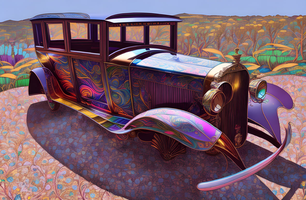 Vintage Car with Psychedelic Patterns on Flowery Terrain under Purple Sky