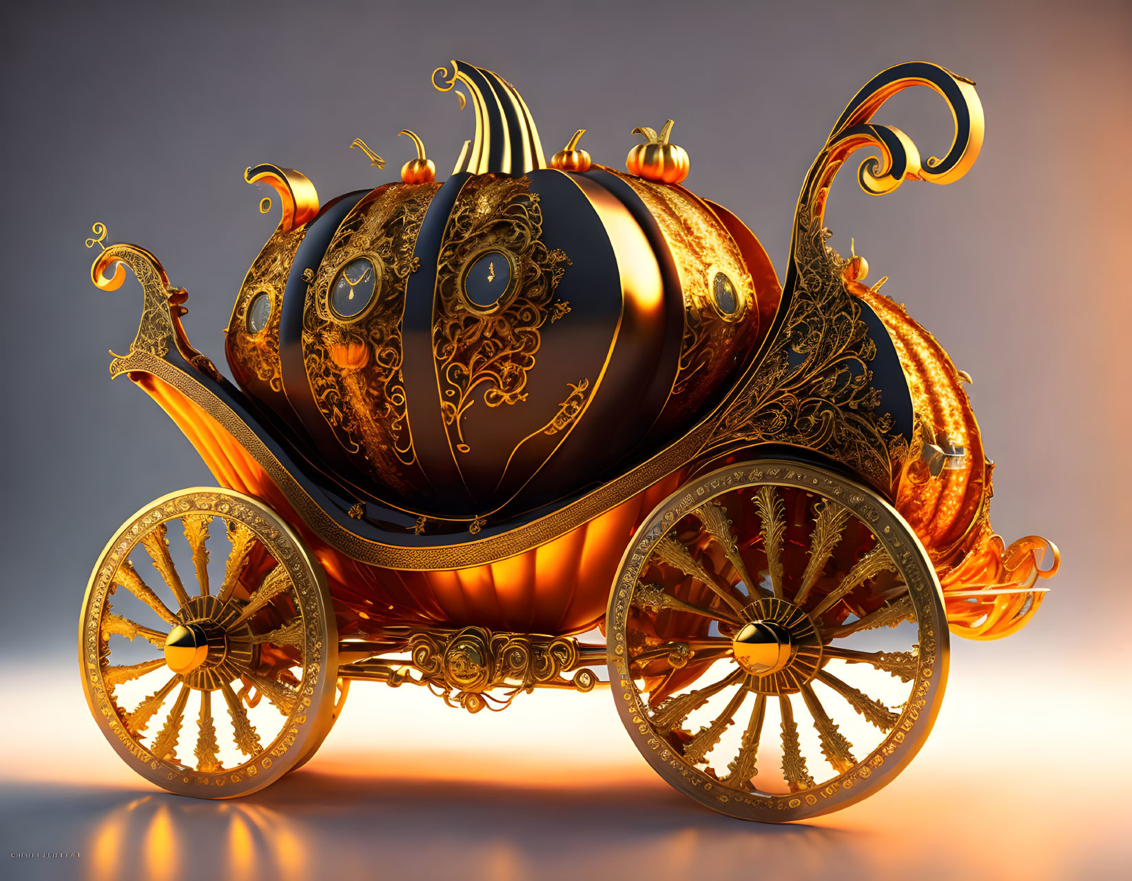 Ornate Pumpkin-Shaped Carriage with Gold Filigree on Gradient Background