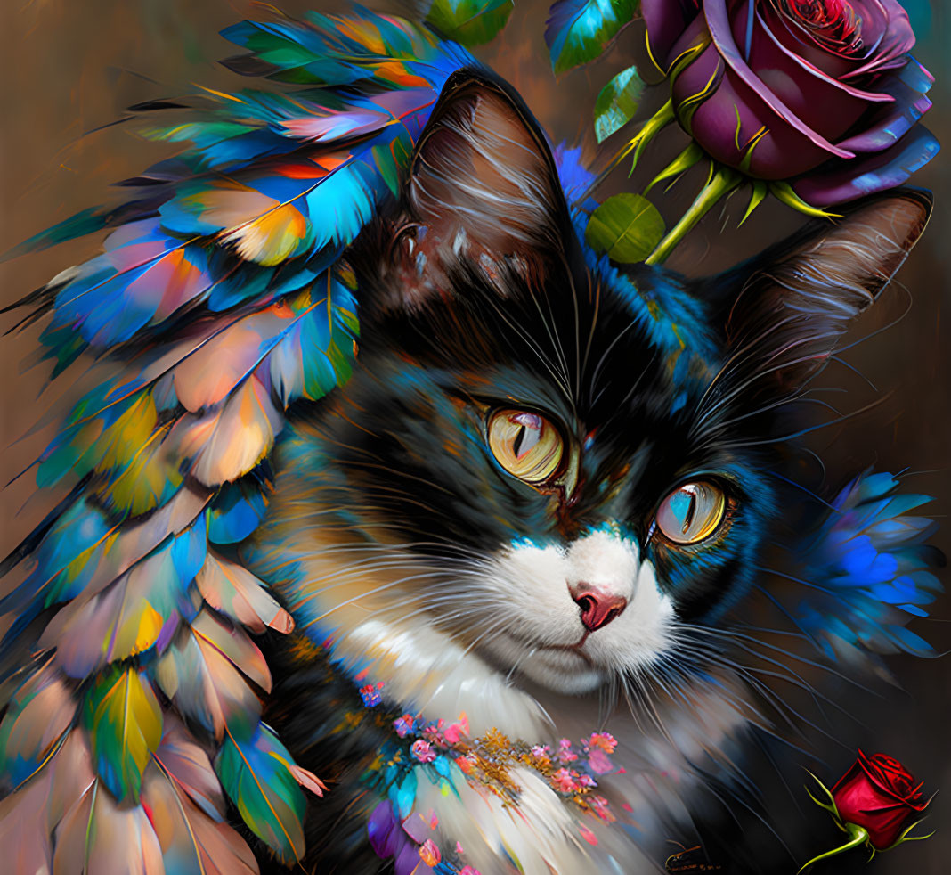 Vibrant digital art: Cat with blue, green, orange fur & flowers