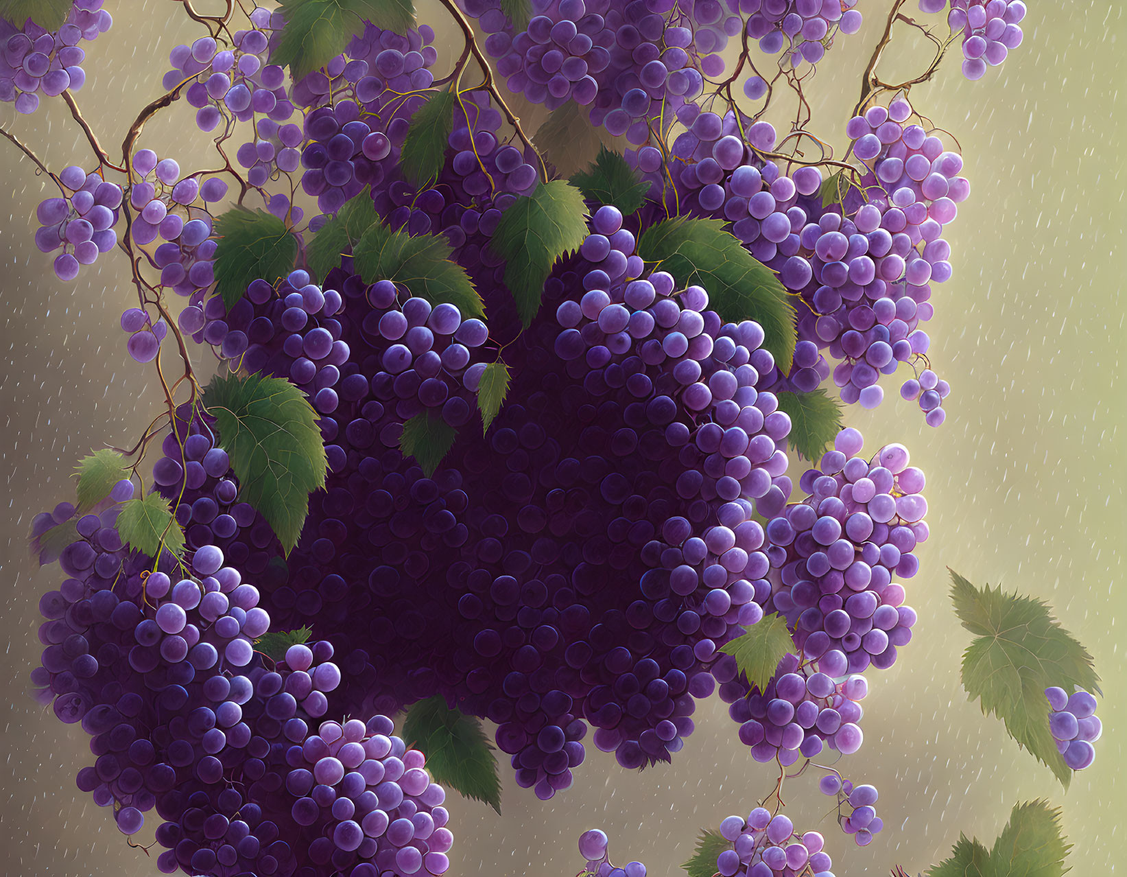 Vibrant purple grapes on vines with green leaves, glistening with moisture