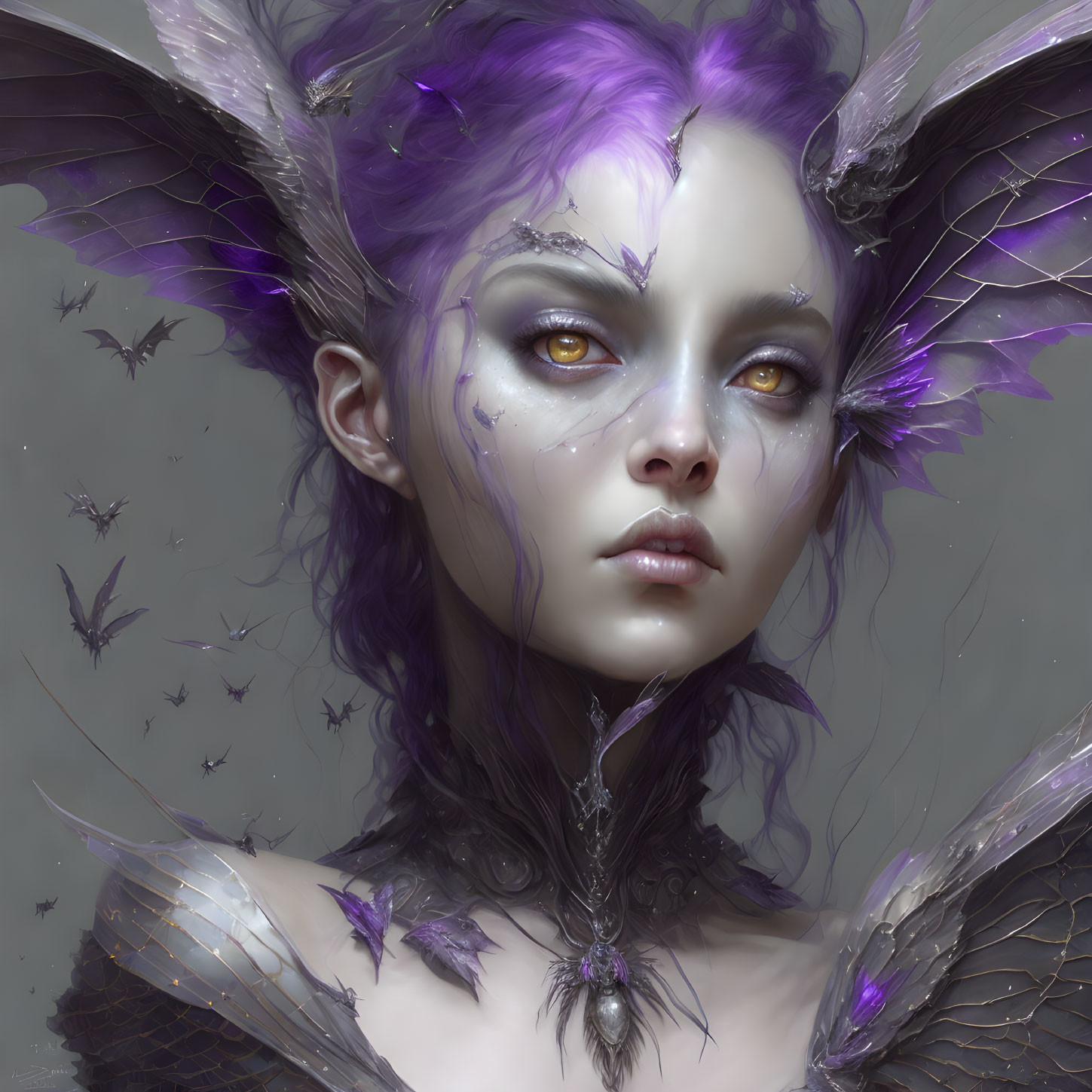 Purple-skinned female figure with pointed ears and yellow eyes surrounded by butterfly creatures