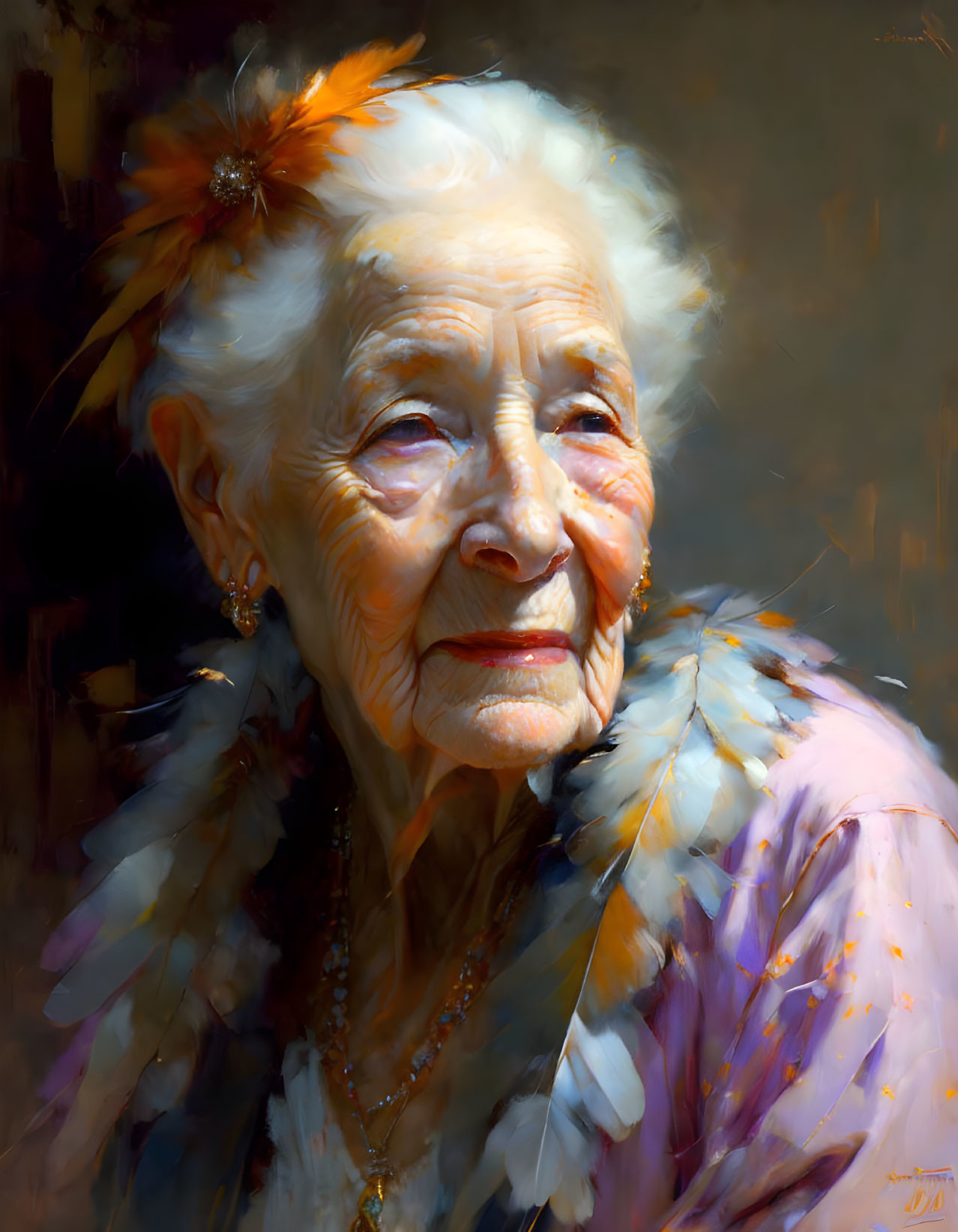 Elderly woman with warm smile, feathered accessory, and beaded necklace in soft lighting