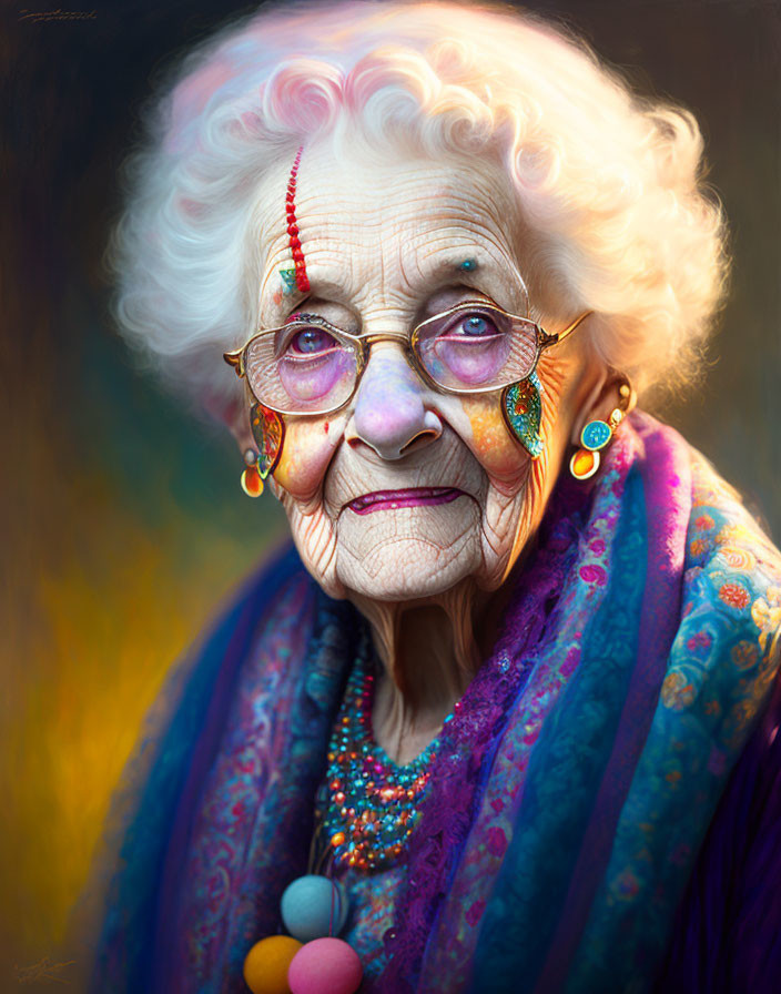 Elderly woman in traditional attire with vibrant makeup and jewelry