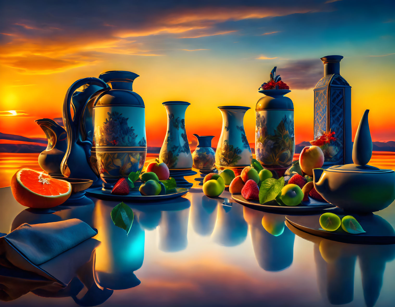 Tableware and fresh fruits on reflective surface with vibrant sunset and tranquil water backdrop