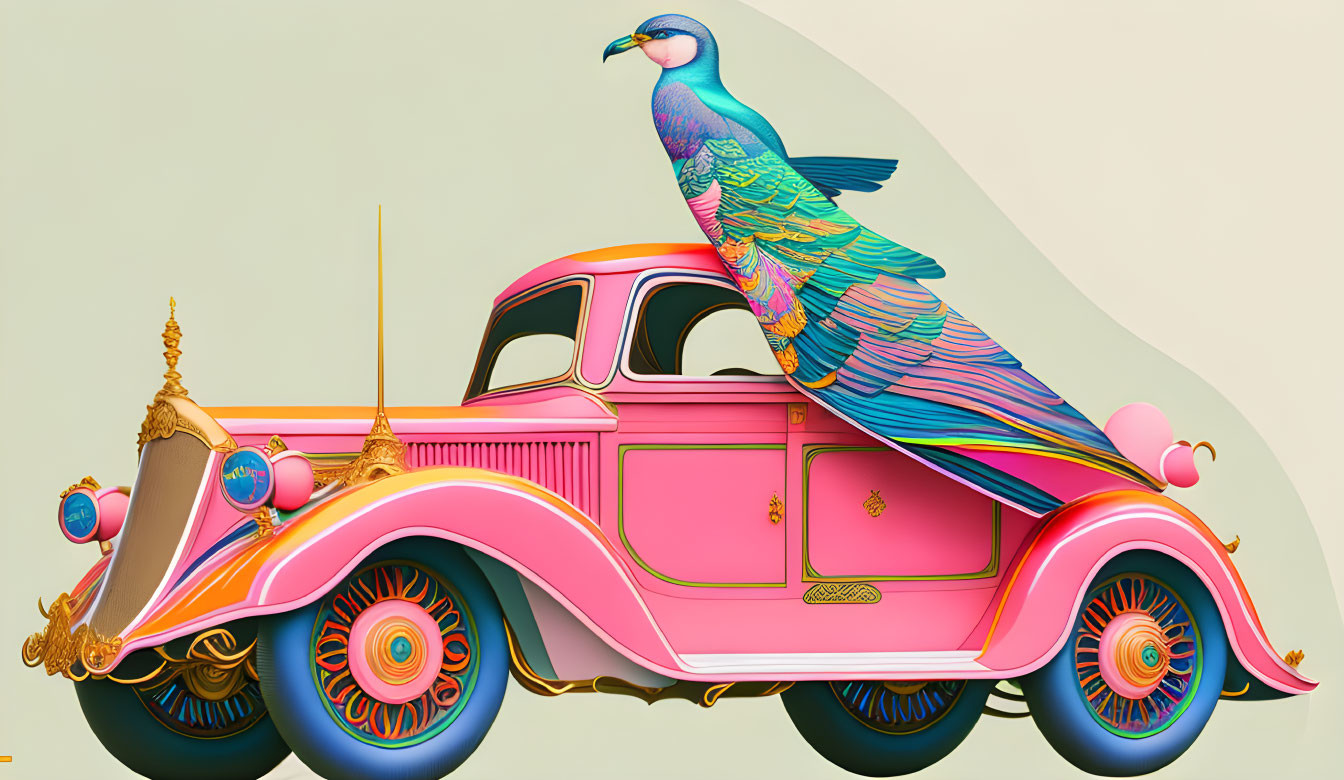 Colorful vintage car illustration with ornate golden details and whimsical rainbow bird.