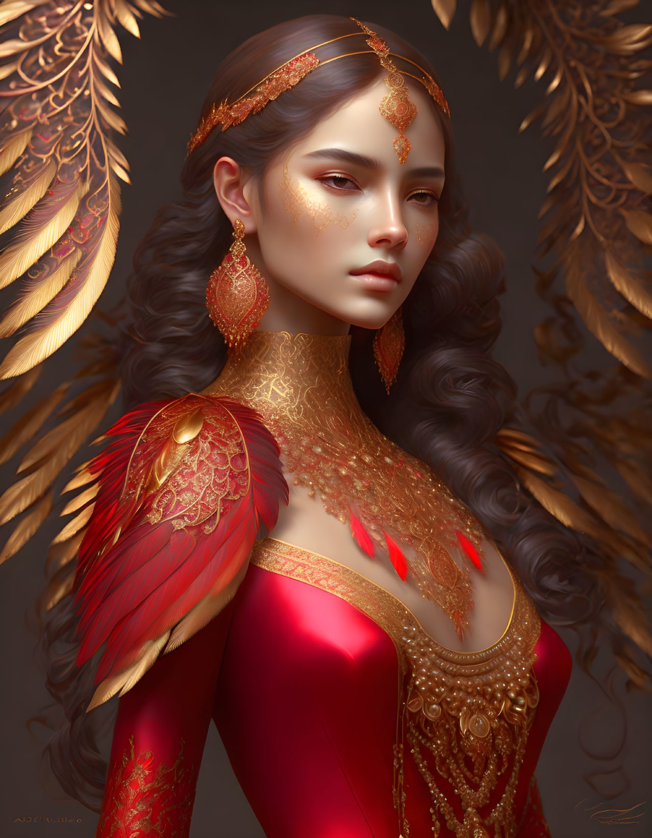 Woman in red dress with ornate gold jewelry and feathered epaulets in serene pose among