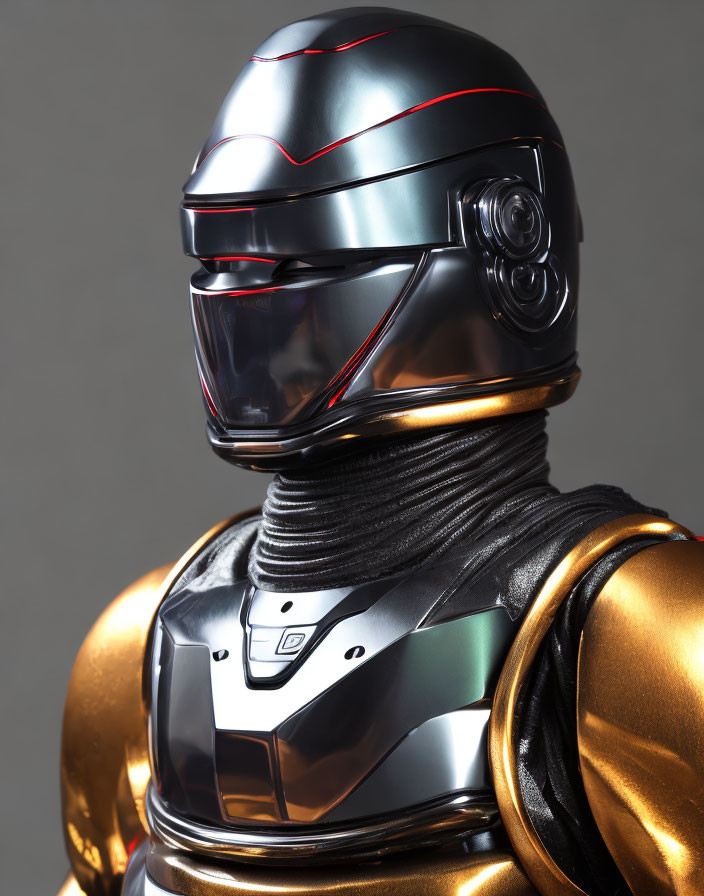 Close-Up of Person in Futuristic Black and Gold Helmet and Armor