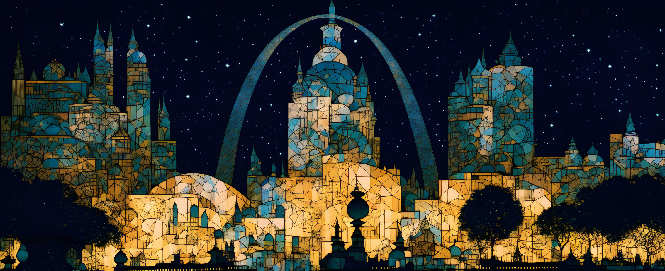 Nighttime fantasy cityscape with arch, mosaic buildings, lanterns & starry sky