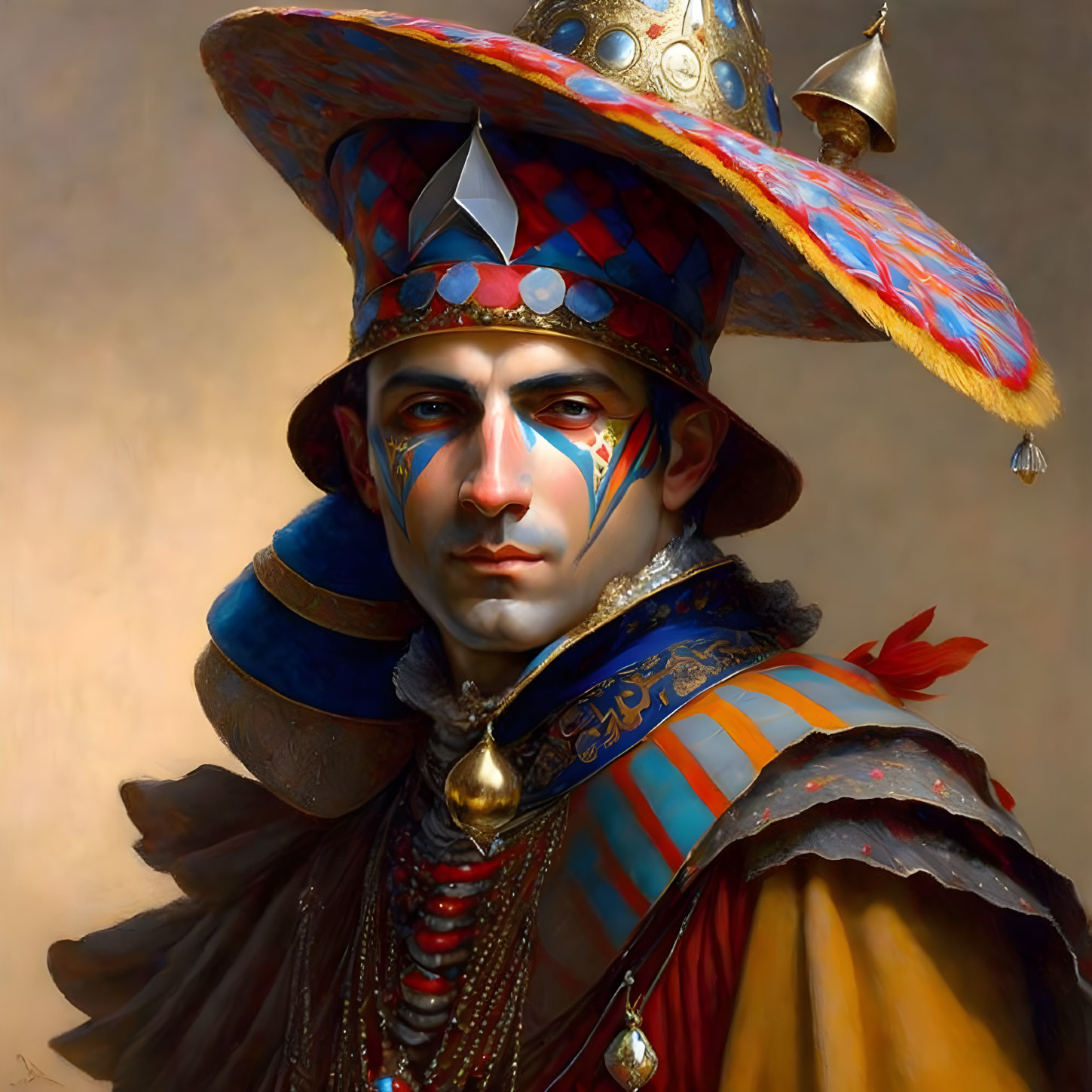 Colorful portrait of a person in ornate costume with star-tipped hat, feathers, face paint