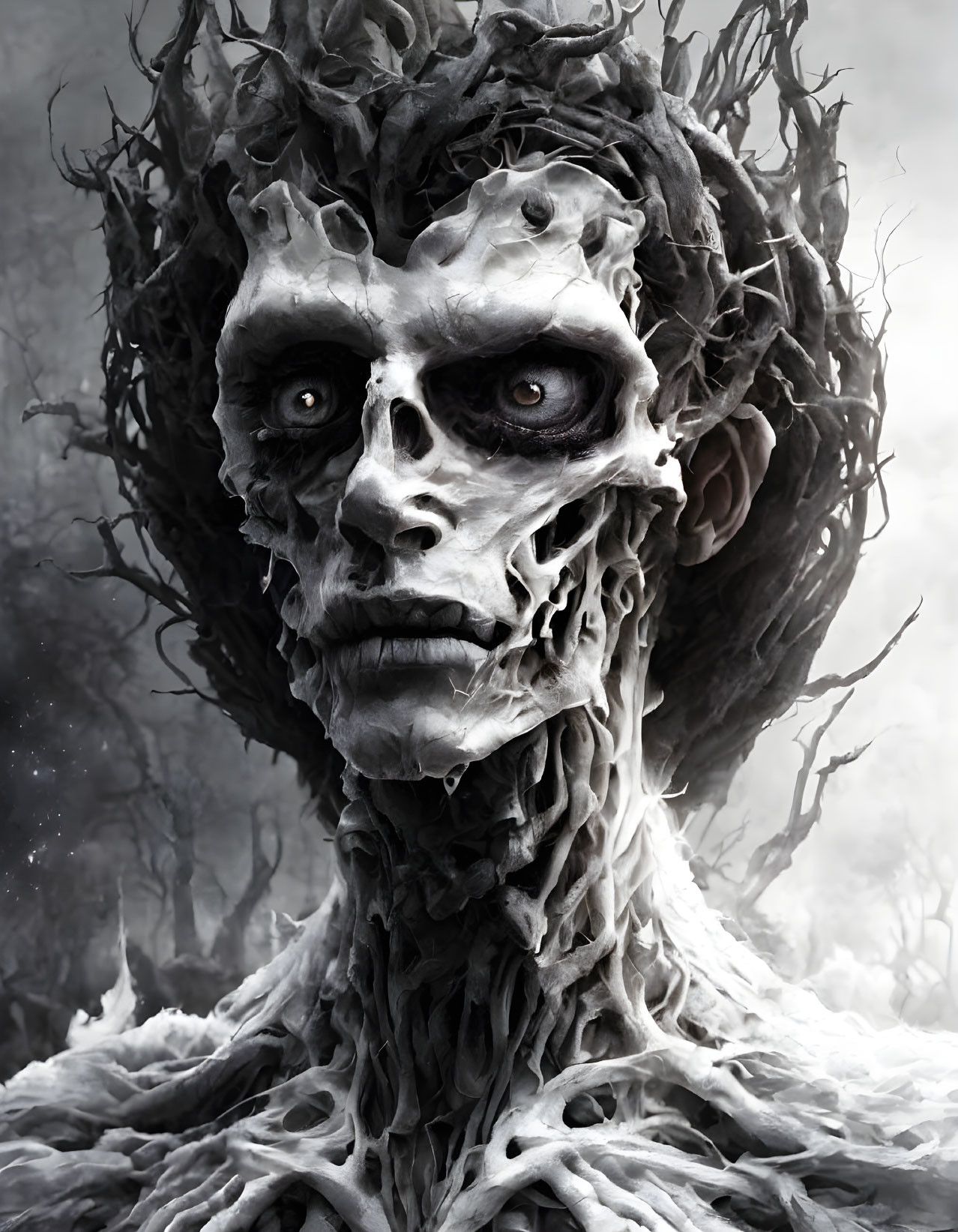 Skeletal creature with gaunt face and twisted branch crown in foggy setting