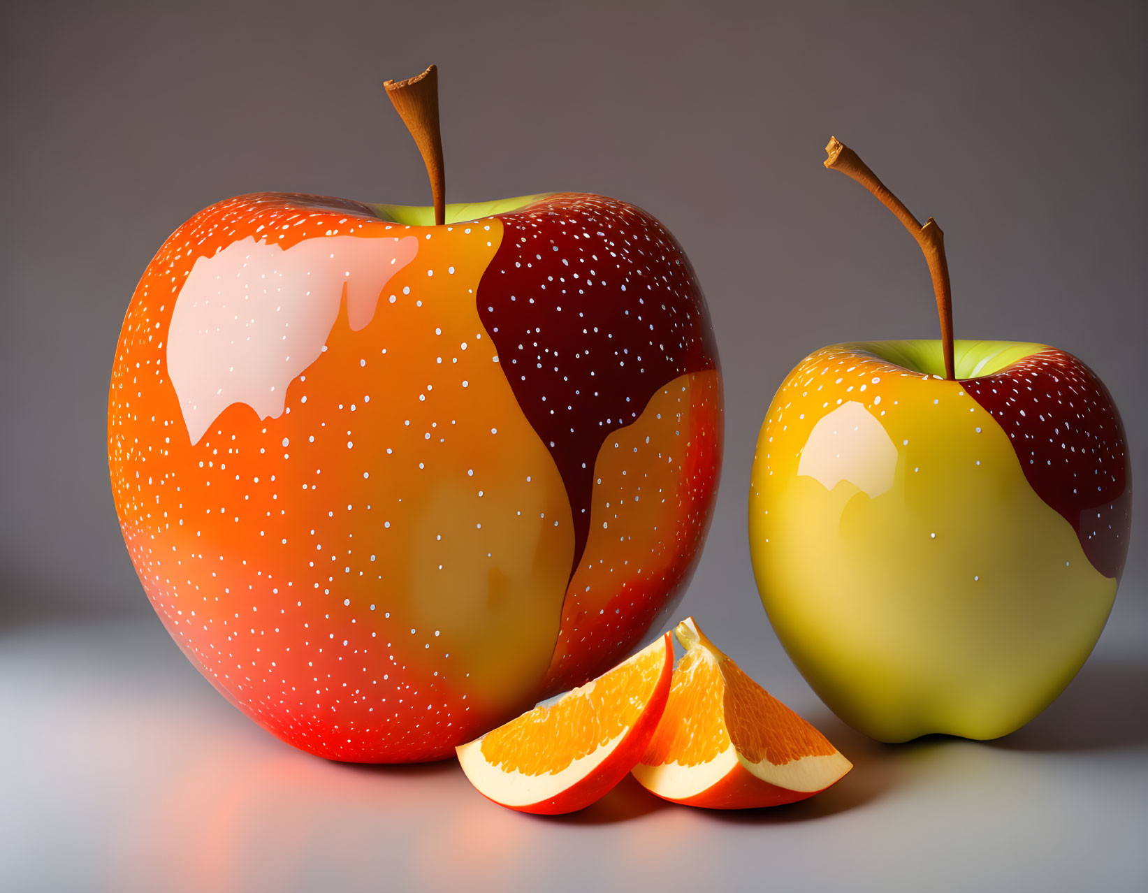 Apples styled as oranges with one cut open on neutral background