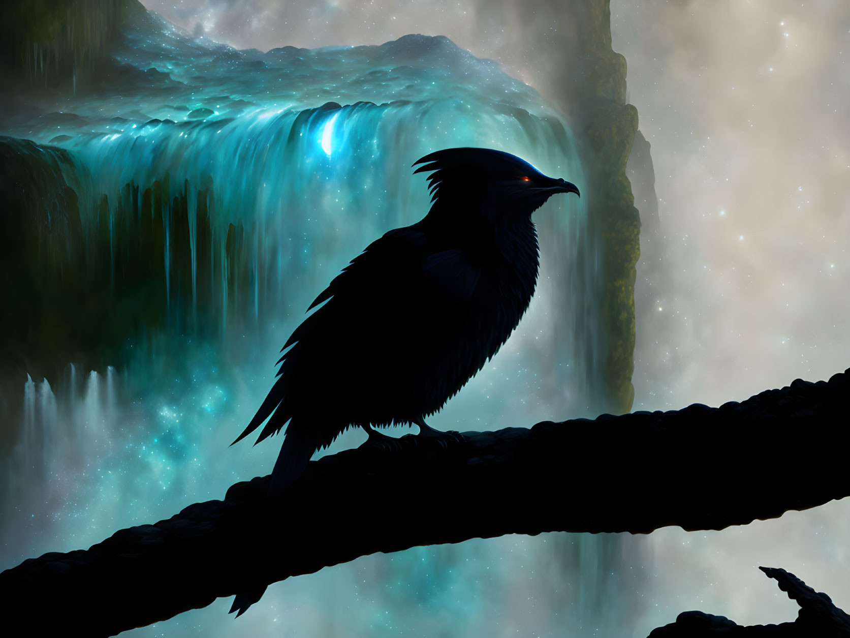 Silhouette of raven on branch with mystical waterfall and starry sky