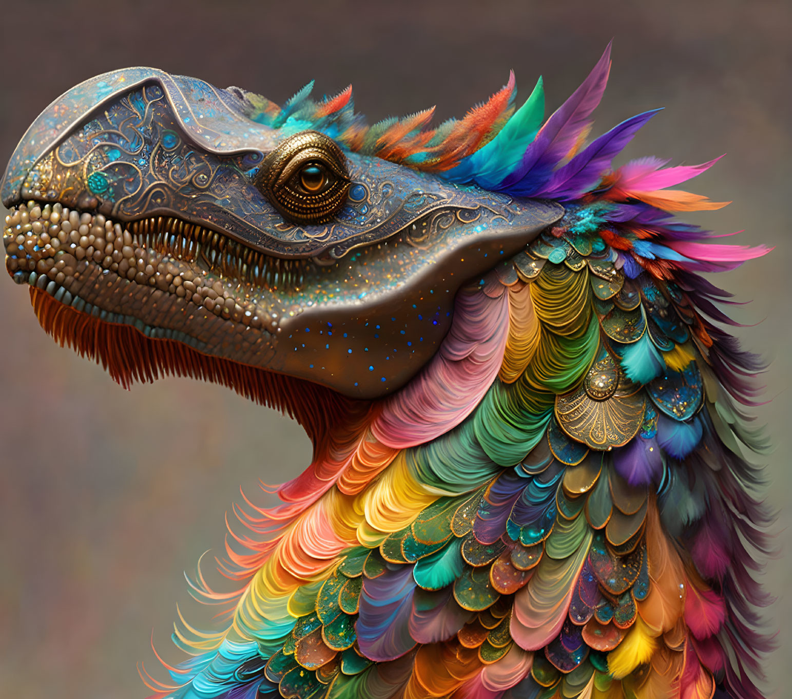 Colorful fantastical creature with reptilian head and vibrant feathered mane.