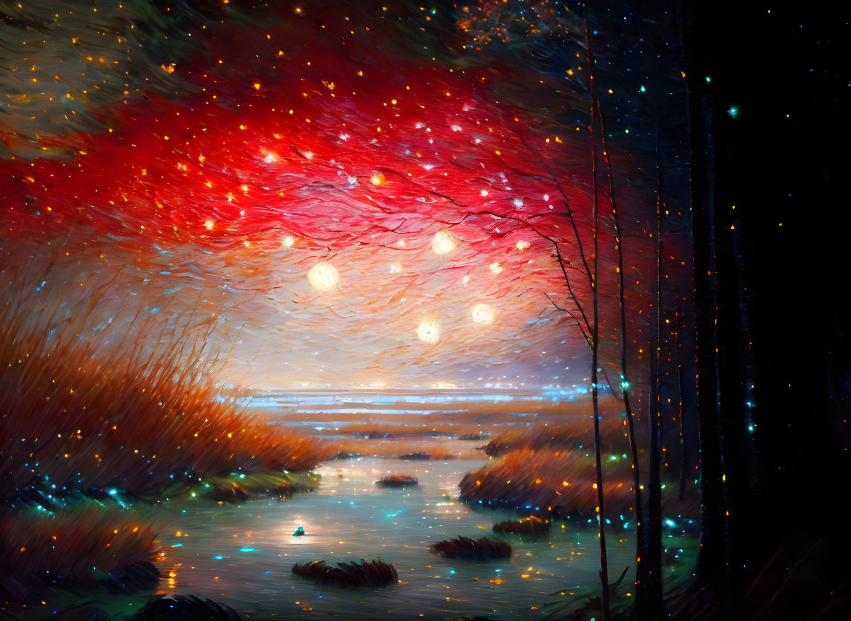 Vibrant impressionistic painting of starry night sky over serene waterbody