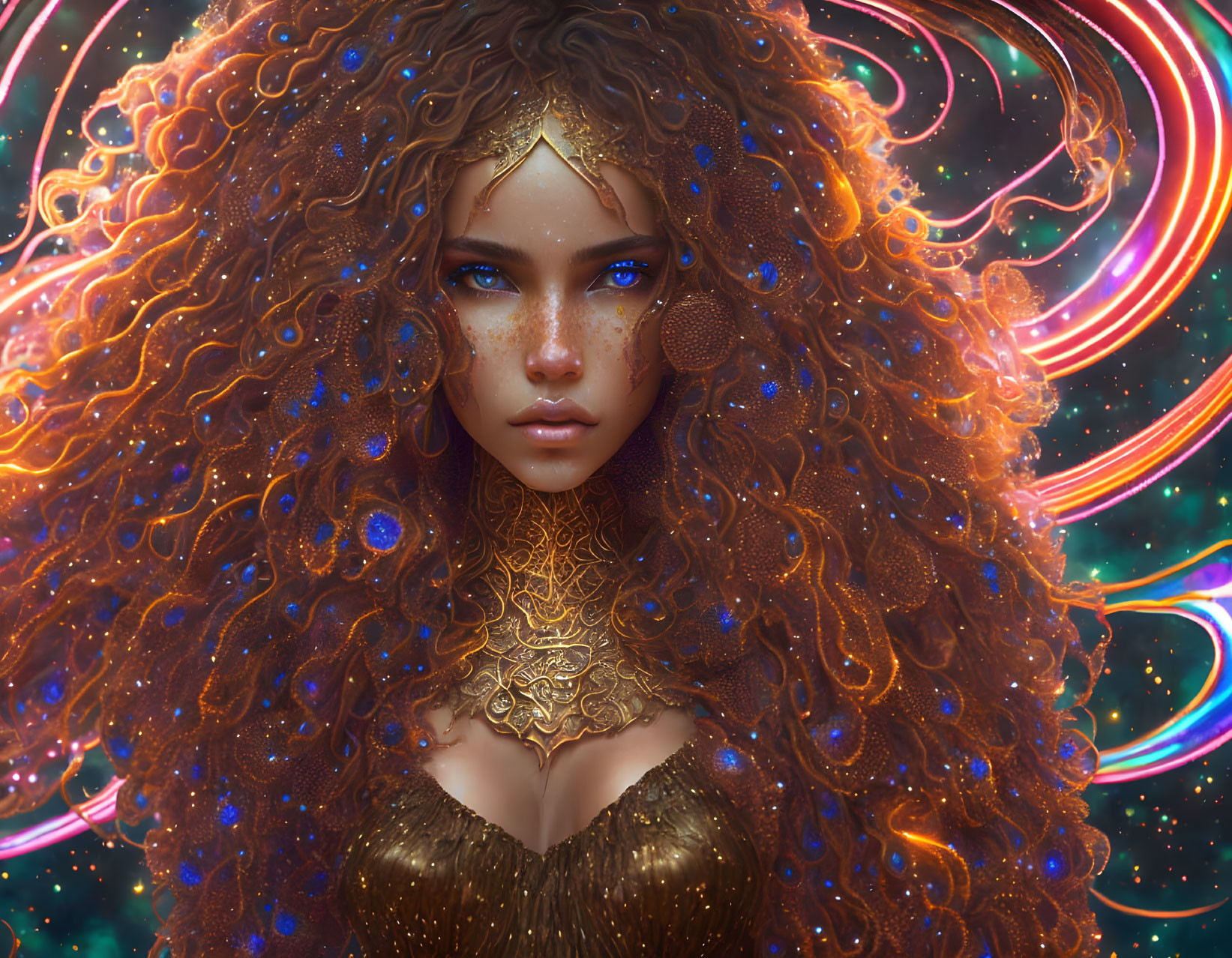 Digital Artwork: Woman with Curly Hair, Stars, Gold Jewelry & Cosmic Background