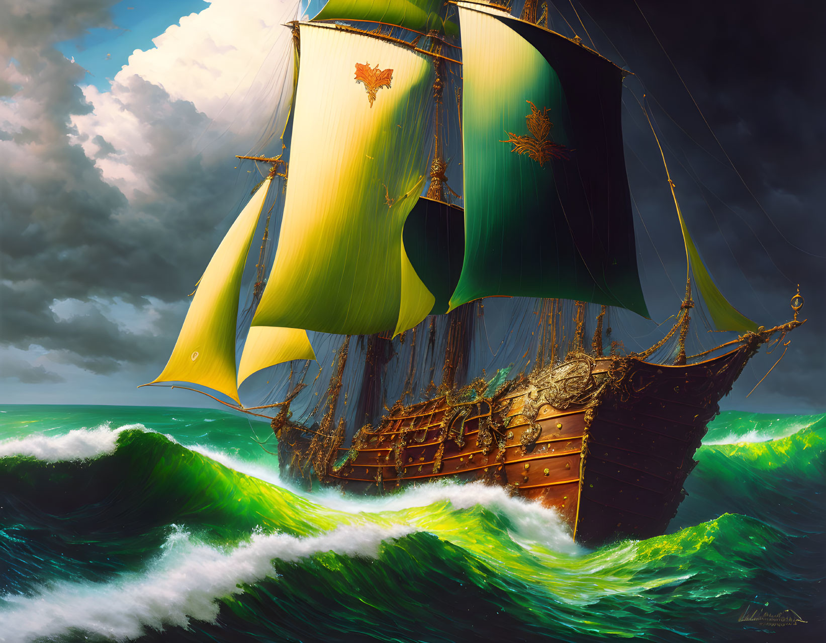 Majestic sailing ship with green sails on stormy seas