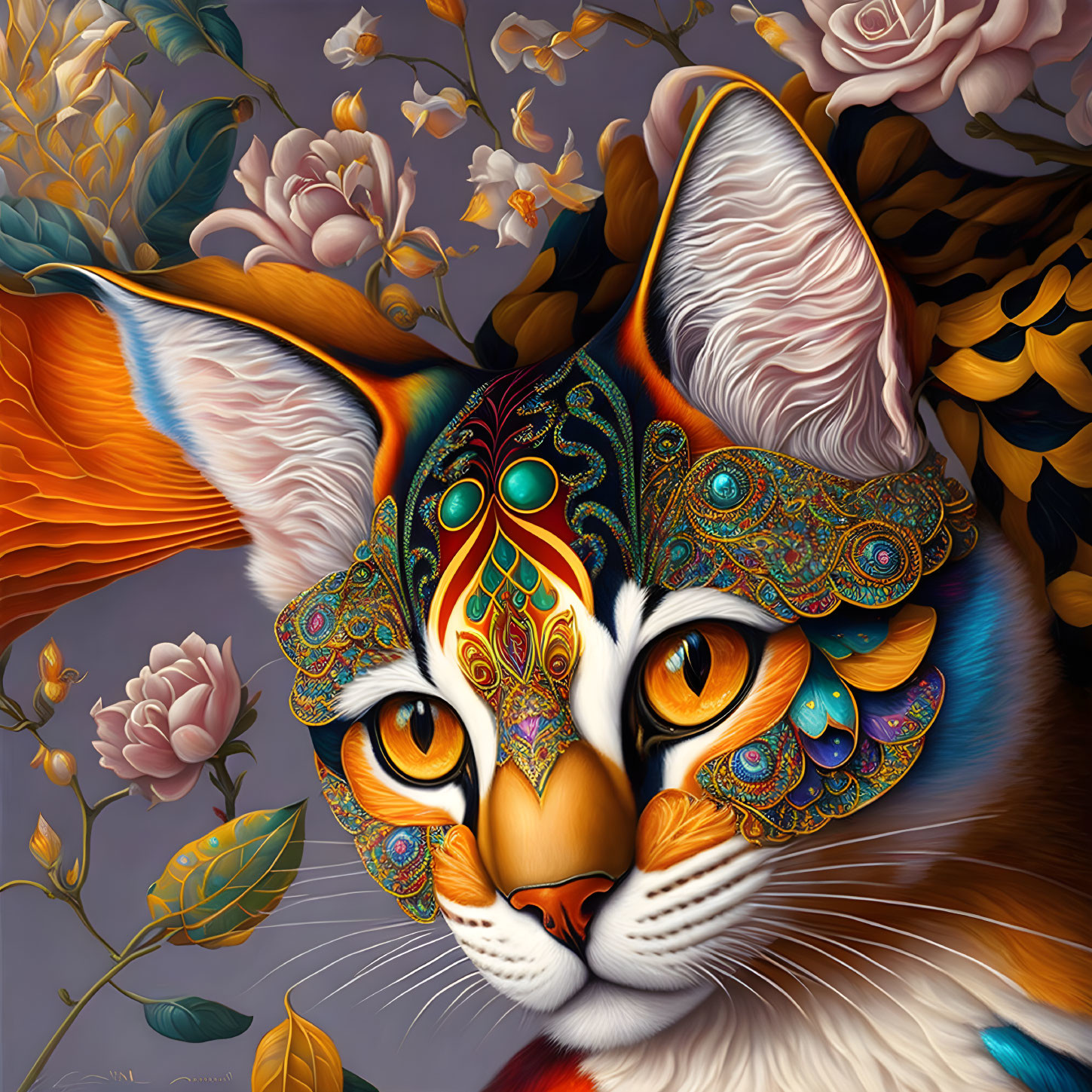 Colorful Cat with Intricate Patterns and Floral Background