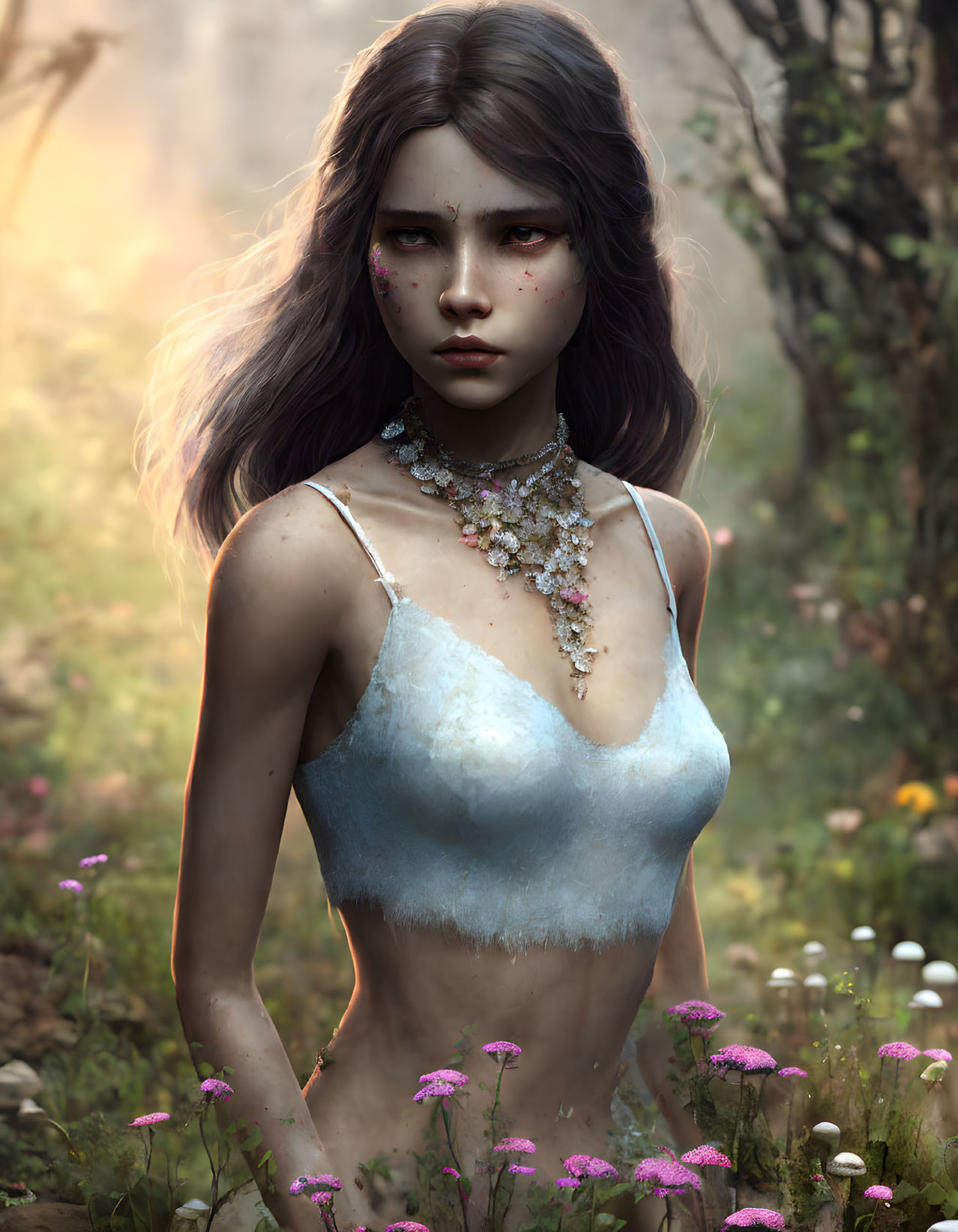 Ethereal woman with flower necklace in misty forest setting