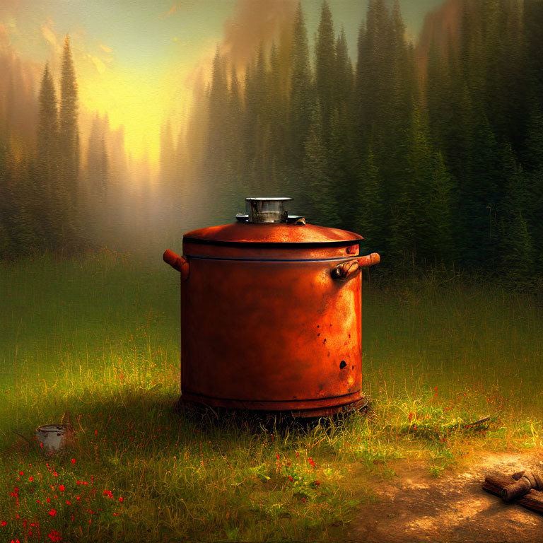 Rustic large pot in sunlit clearing with pine trees and small cup in background