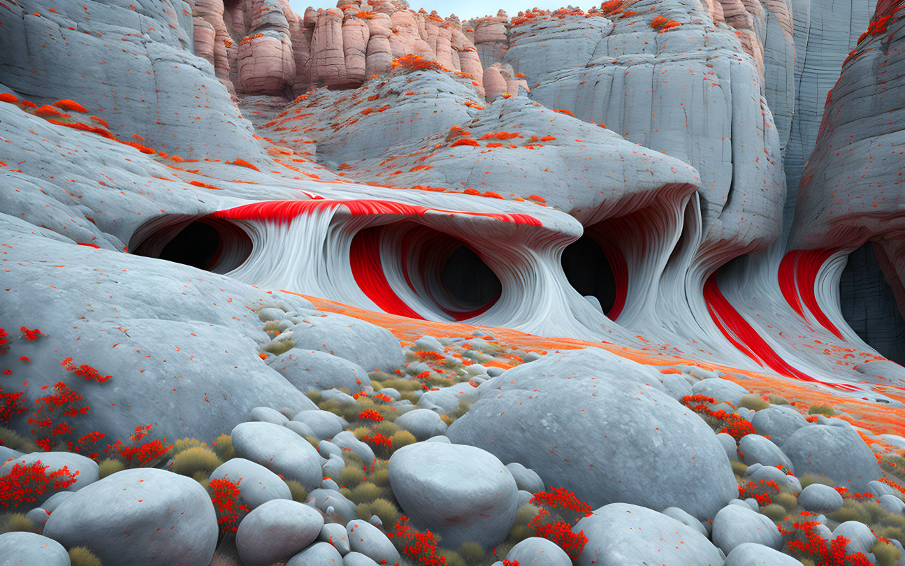 Vibrant red lines on white rock formations in surreal landscape