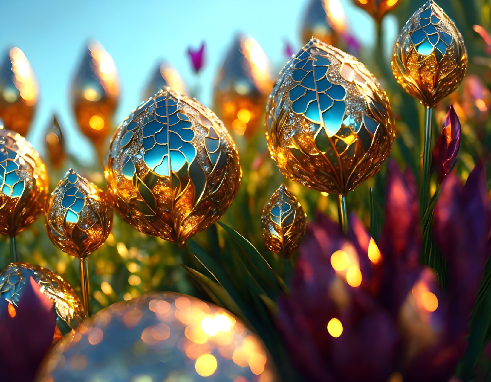 Golden Decorative Eggs and Purple Tulips in Festive Spring Setting