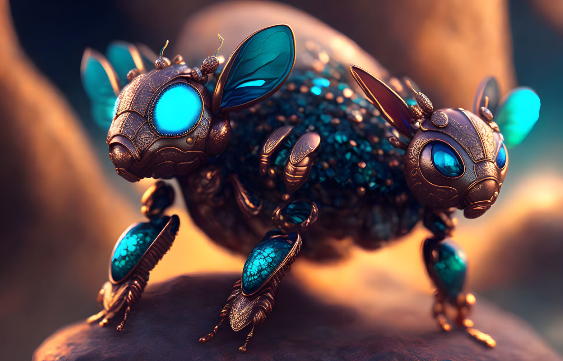 Intricate steampunk-style mechanical insect with metallic body and blue gem-like details on rock surface