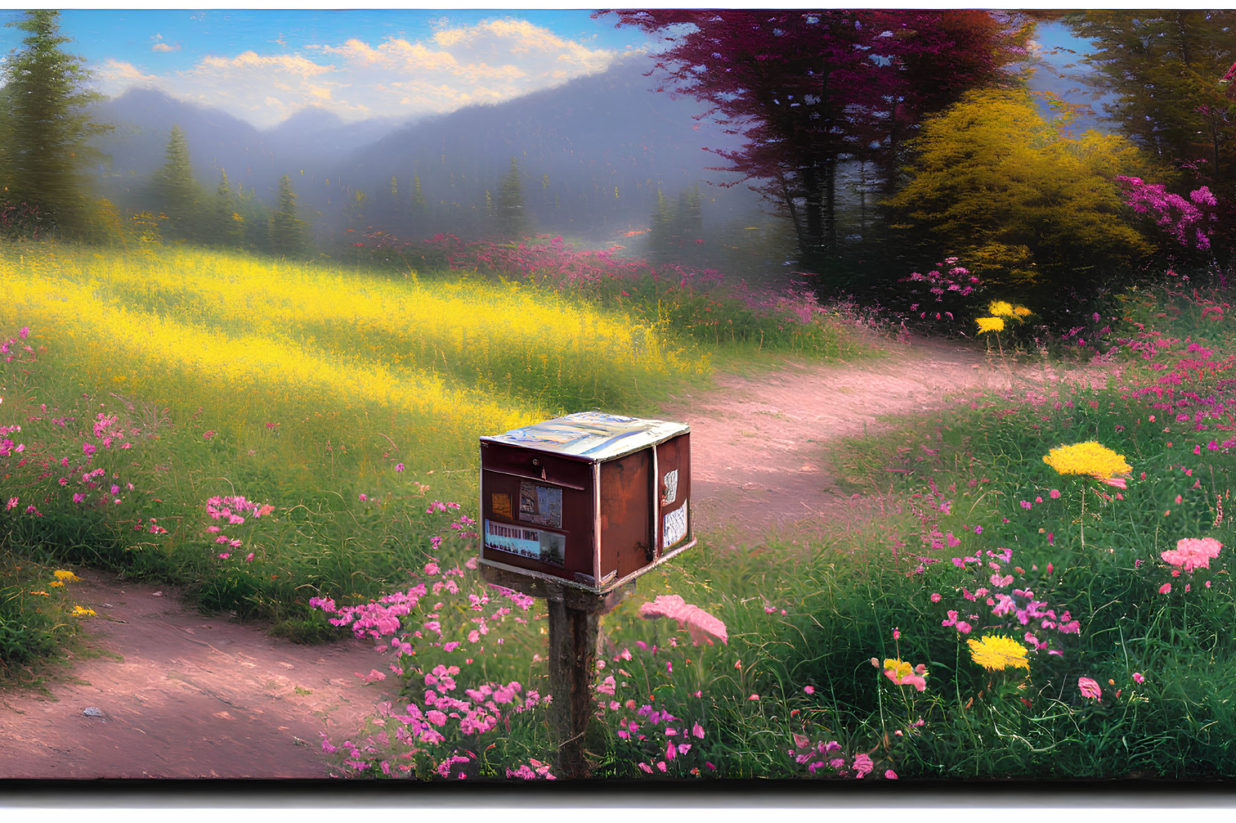 Rustic mailbox in vibrant wildflower field with sunlit mountains