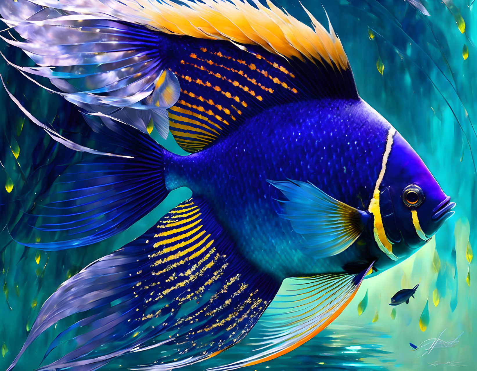 Colorful Digital Art: Blue and Yellow Fish in Teal Underwater Scene