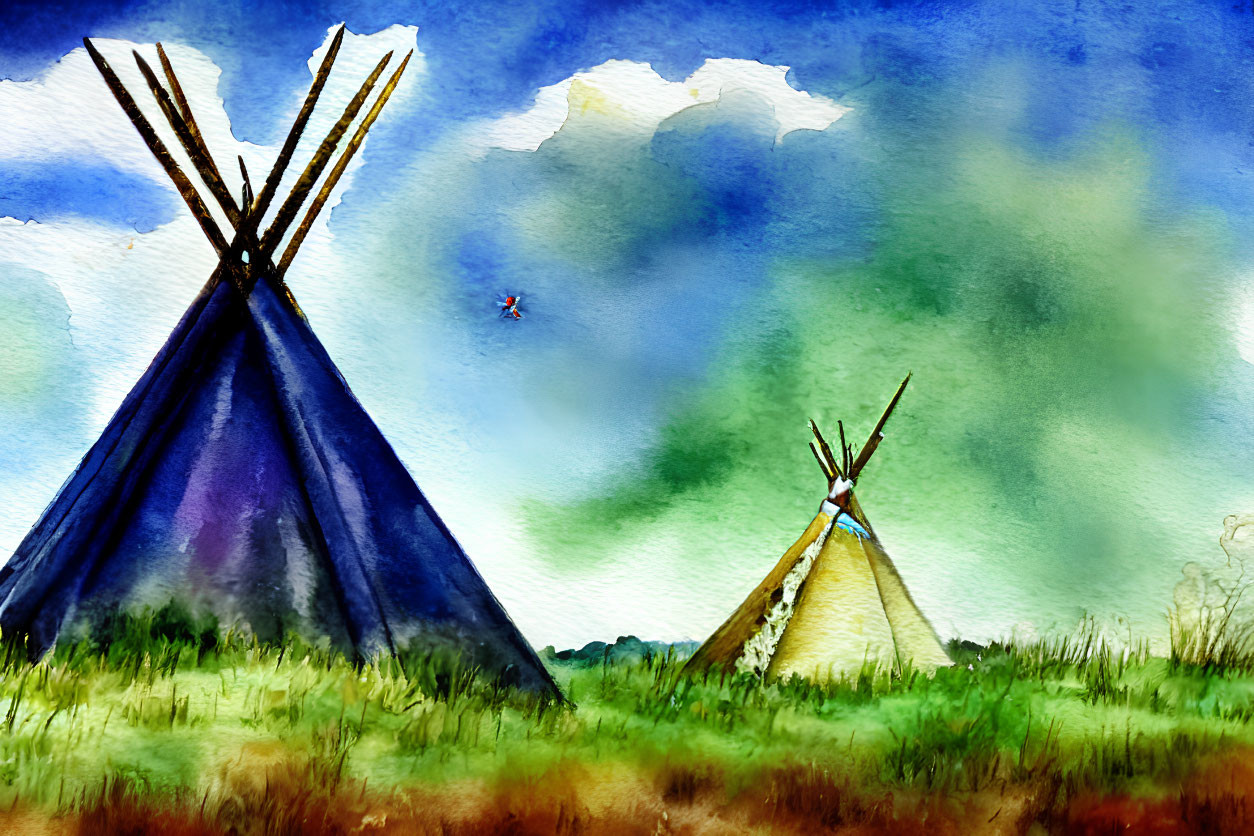 Traditional teepees in watercolor against vibrant sky and greenery