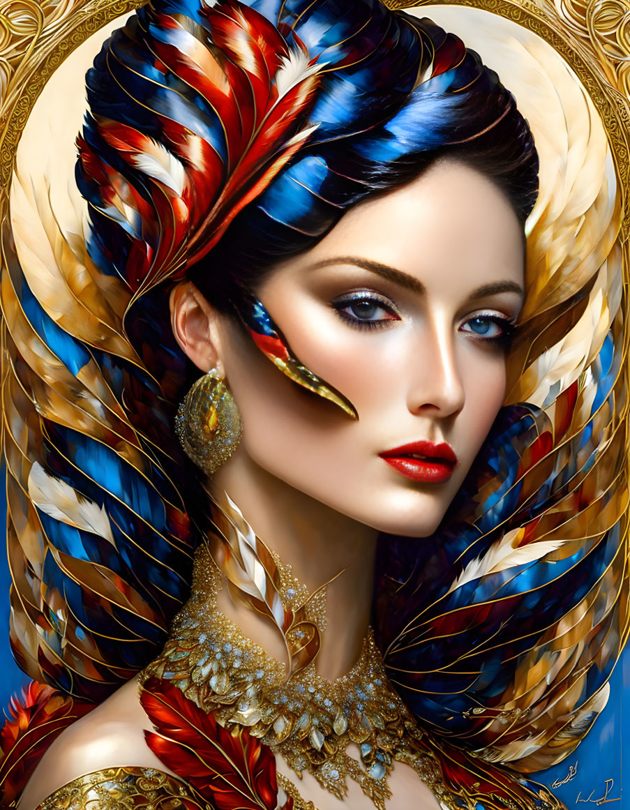 Digital artwork featuring woman with ornate feathered headdress, gold jewelry, and makeup against blue and