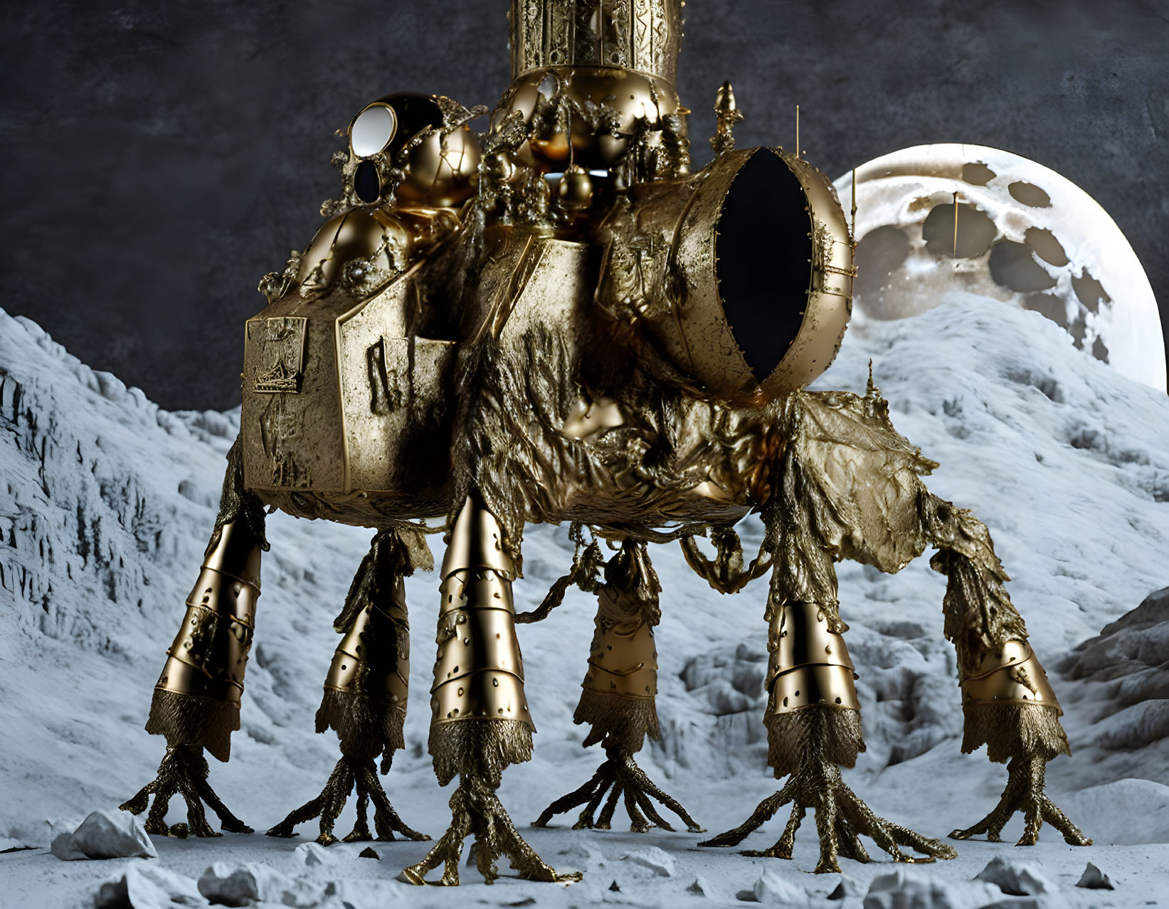 Golden mechanical lunar lander on rocky moon surface with Earth rise view