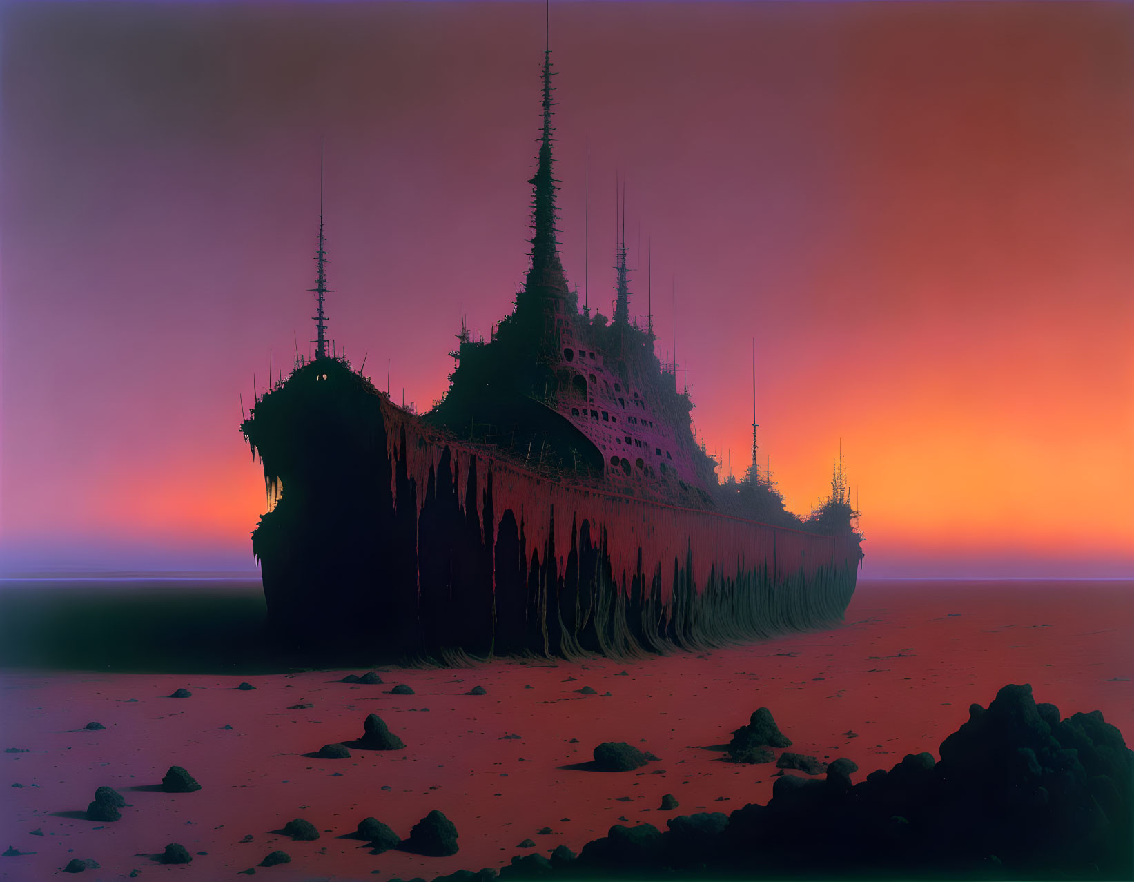 Abandoned ships with tall spires in surreal landscape at dusk or dawn