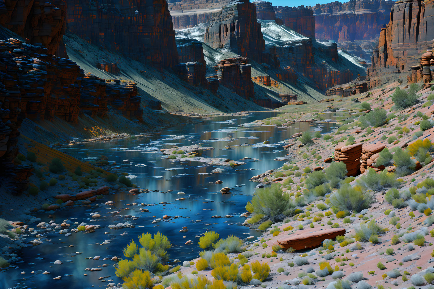 Scenic river in deep canyon with red rock cliffs